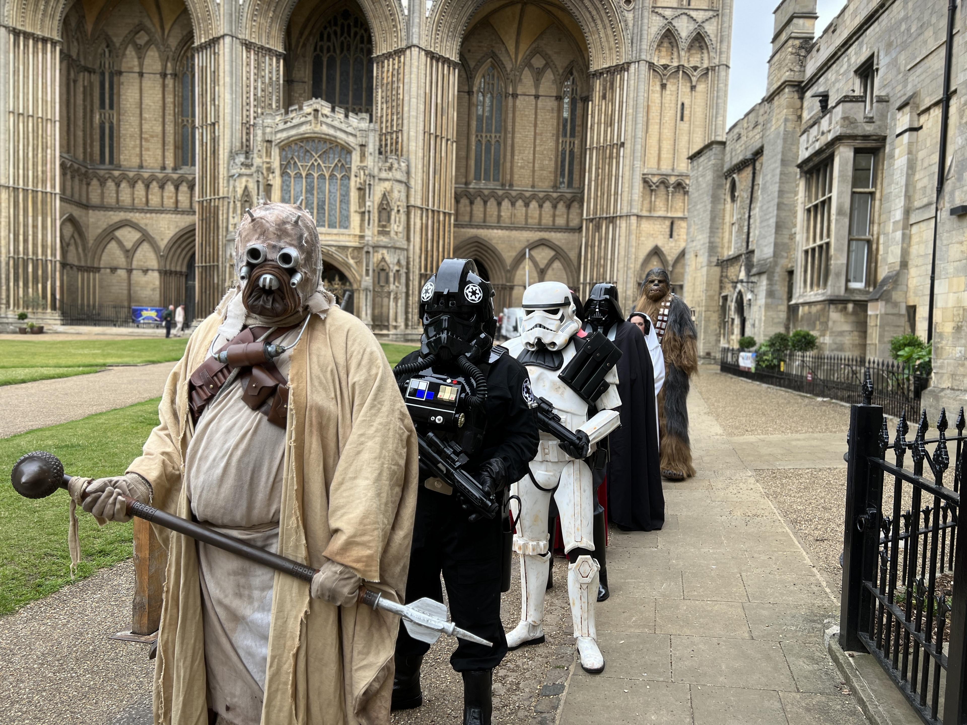 Star Wars characters line up outside Peterborough Cathedral