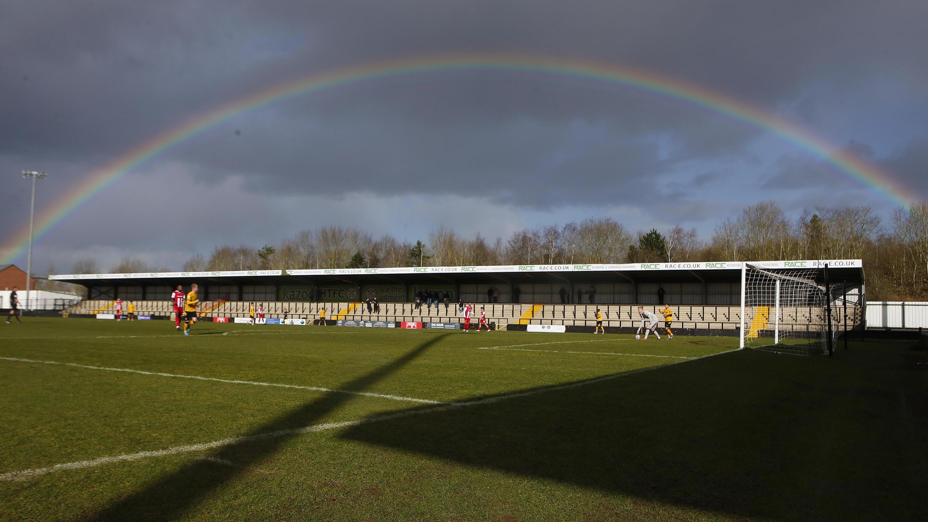 A rainbow over the stand at Keys Park, Hednesford