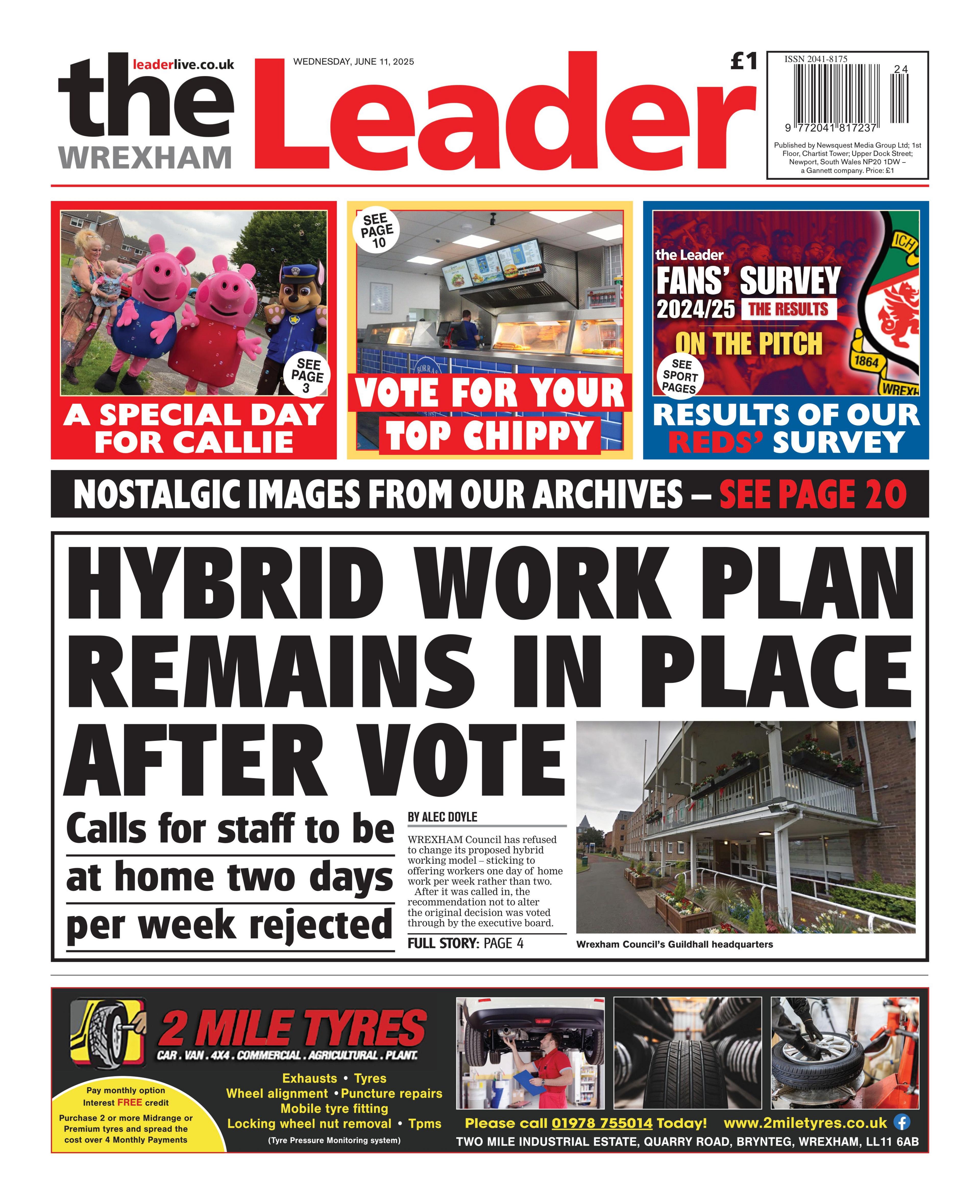 The Wrexham Leader front page, with the main headline reading "Hybrid work plan remains in place after vote" 