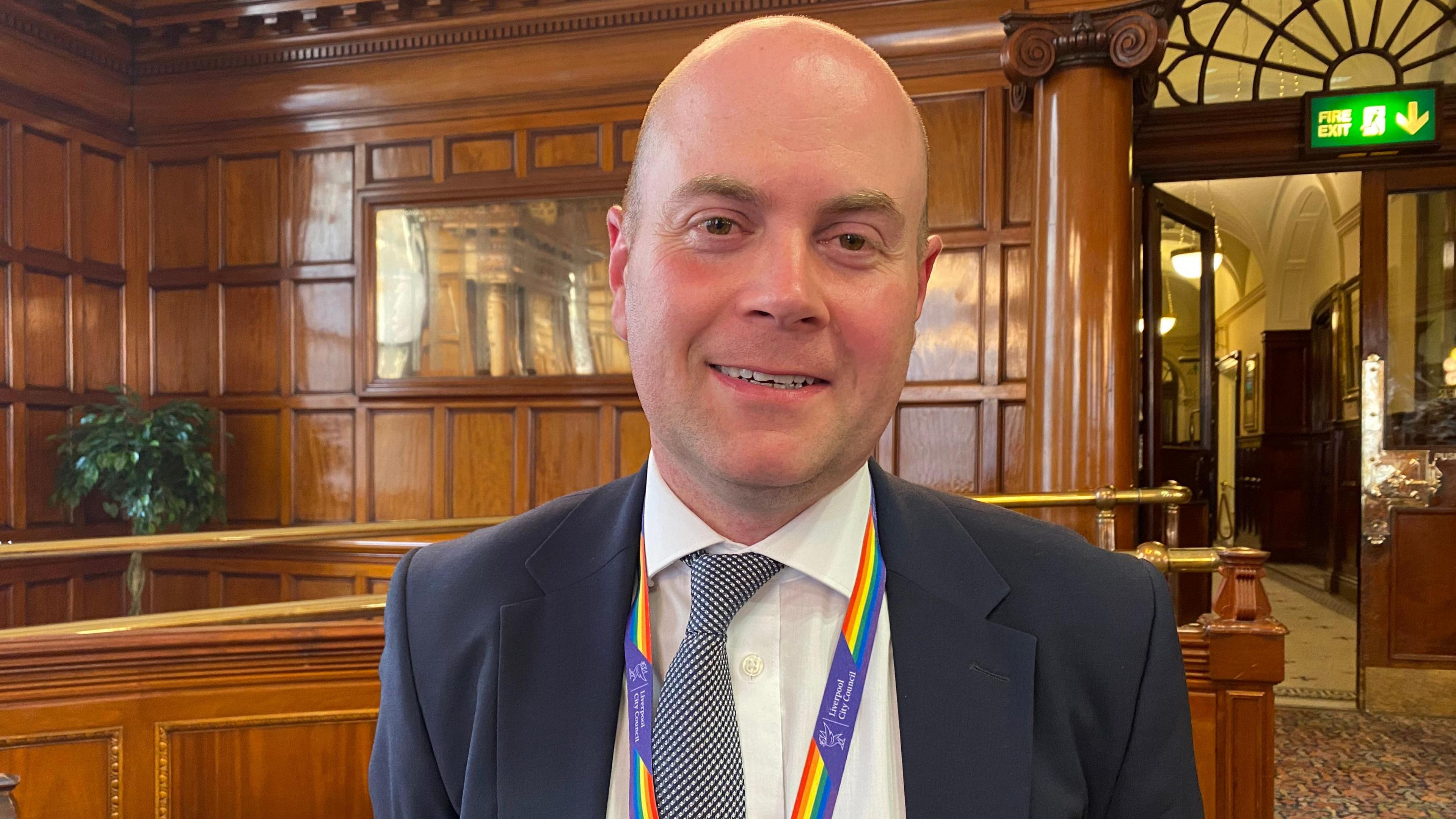 Council leader Liam Robinson in the chamber at Liverpool Town Hall