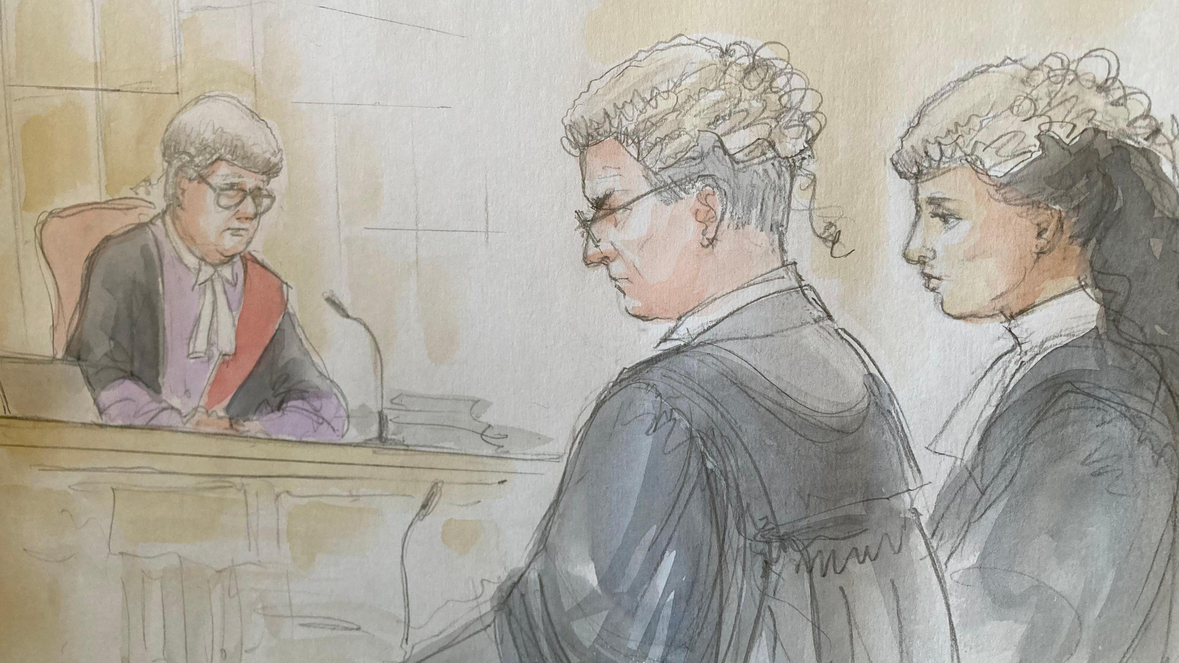 Court sketch of judge and barristers at Stafford Crown Court