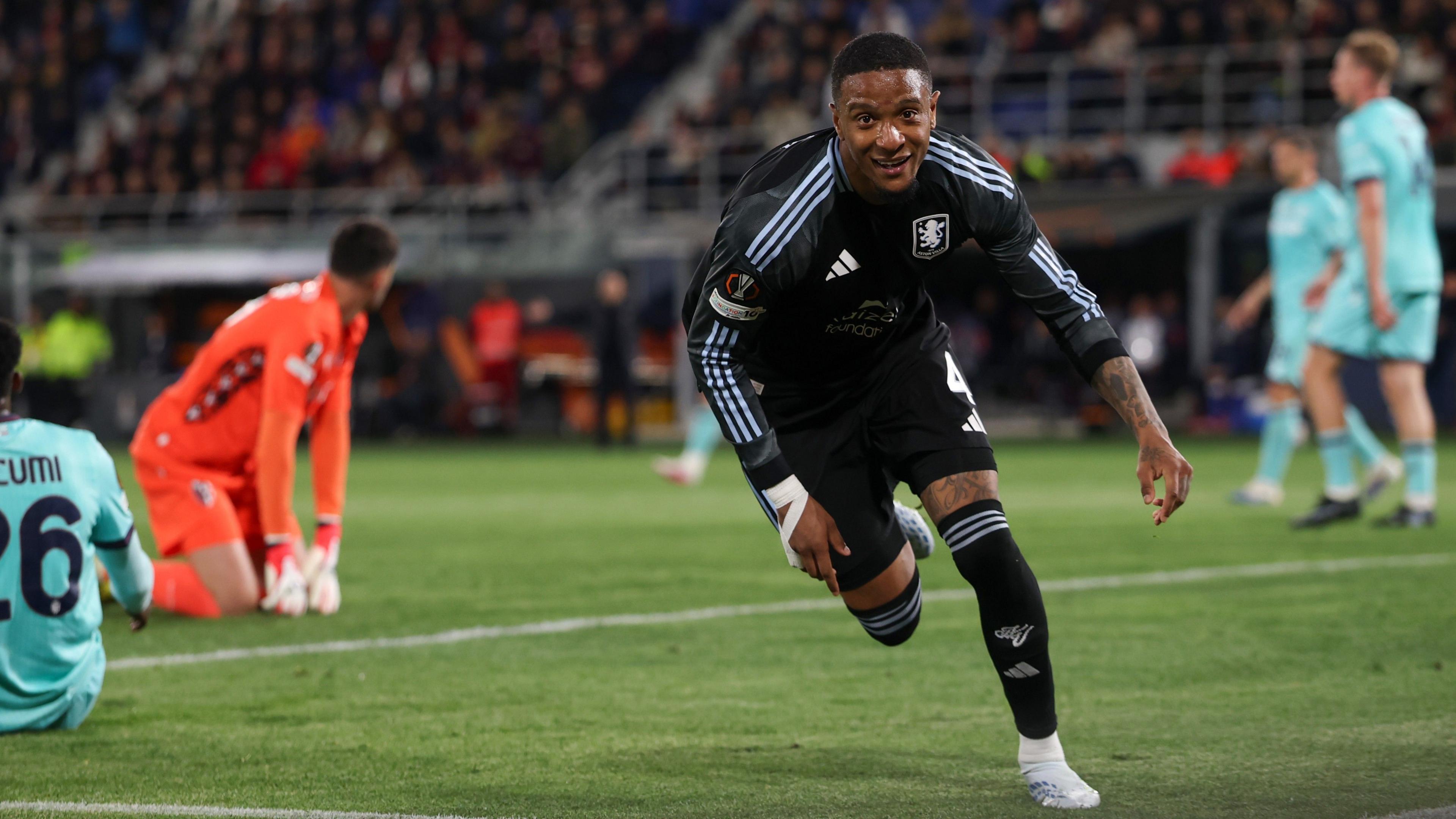 Ezri Konsa of Aston Villa celebrates scoring his team's first goal 