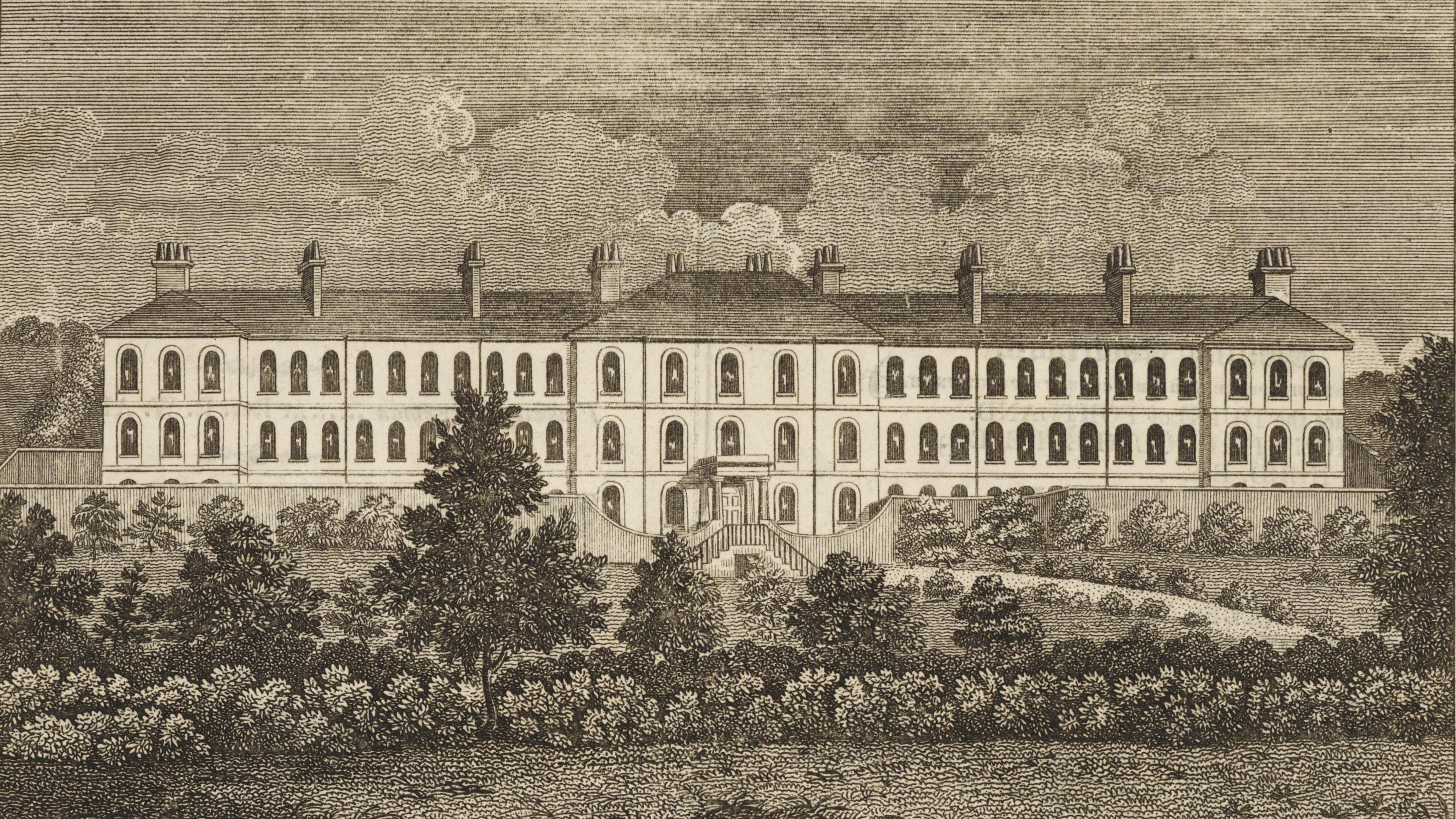 Vintage illustration of Nottingham Asylum from 1818, a large three storey building which resembles an impressive factory