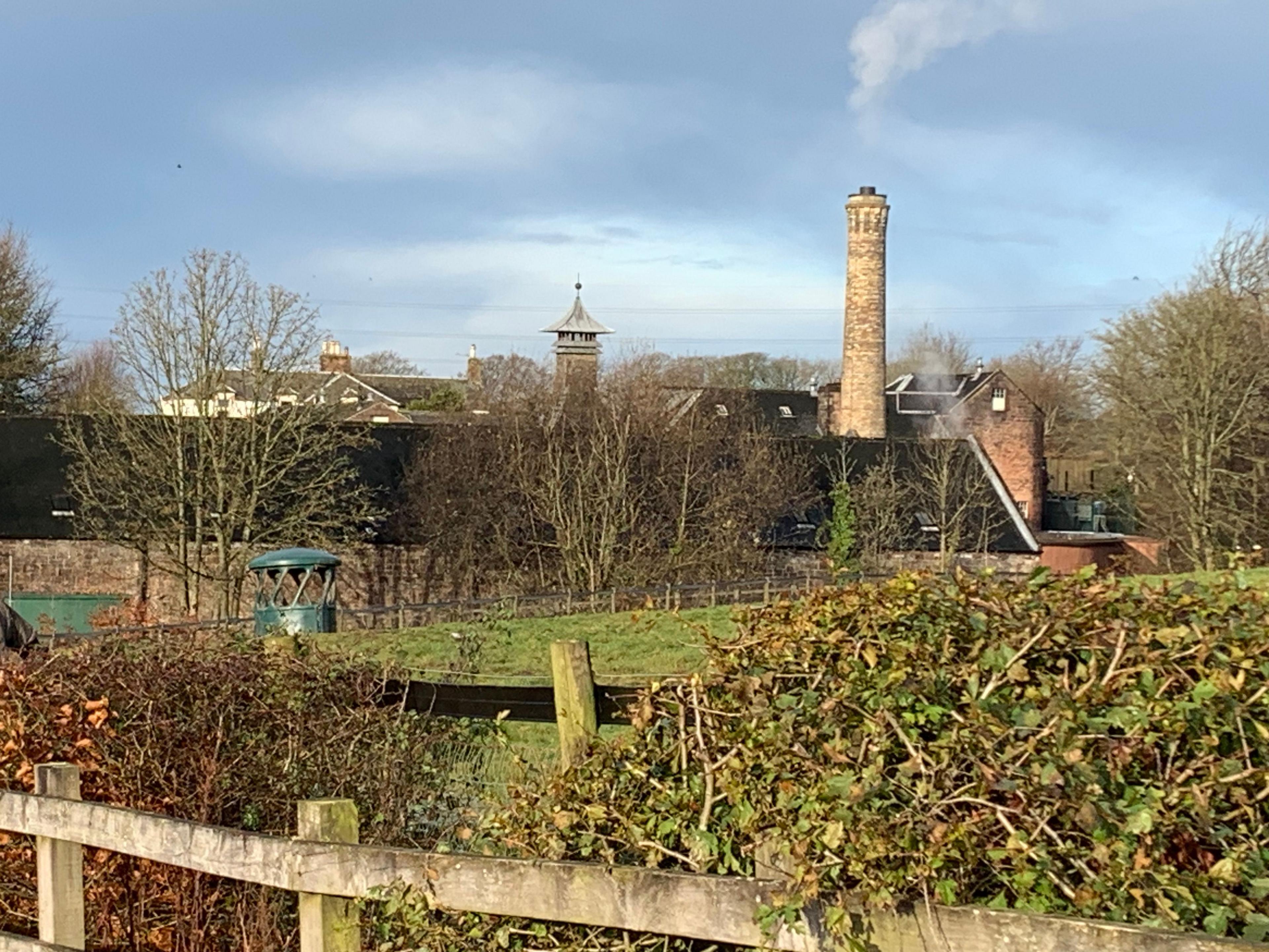 A view over a fence and hedge of a distillery chimney and other buildings in the distance