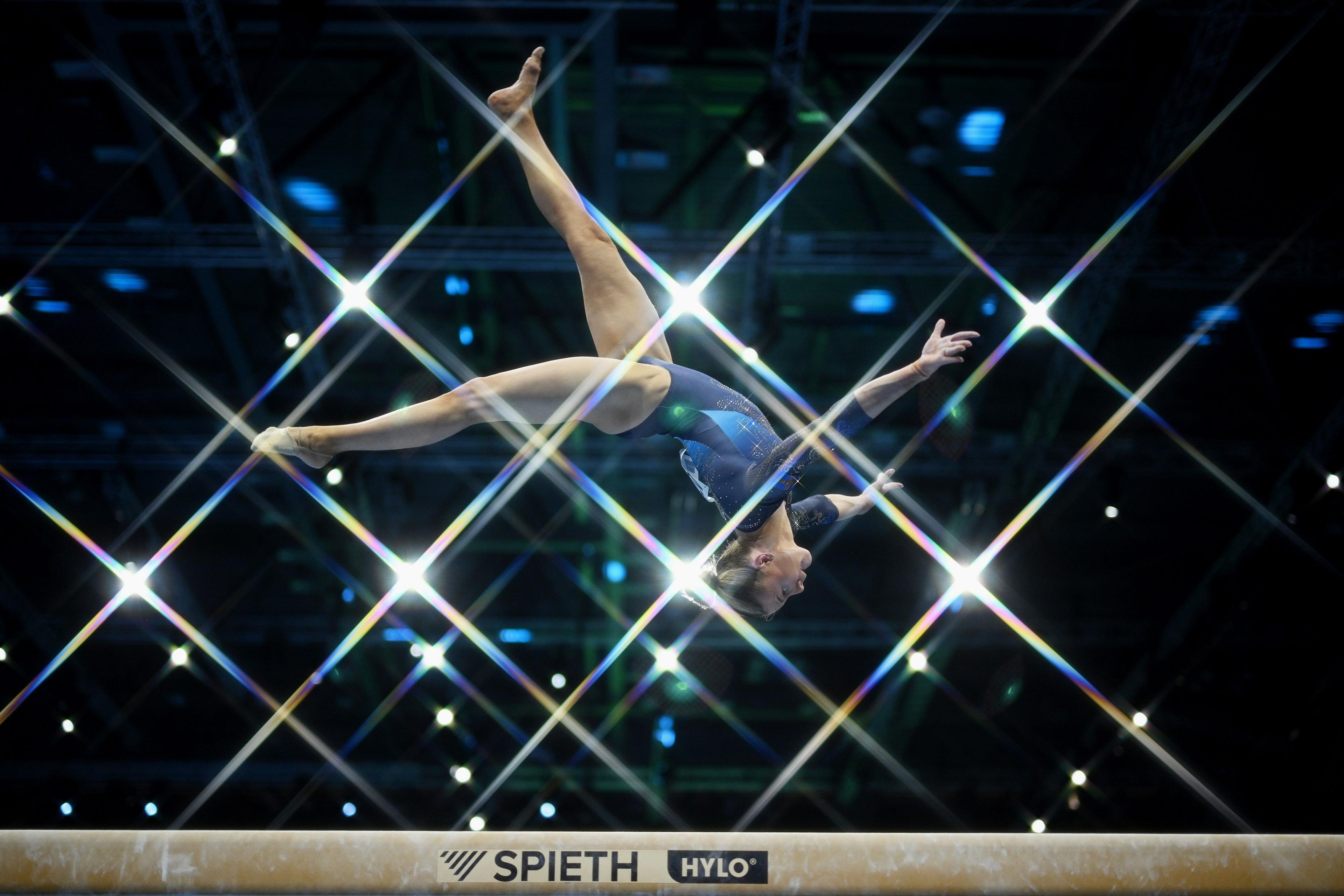Sweden's Maya Staahl performs on the beam at the European Artistic Gymnastics Championships in Leipzig, Germany