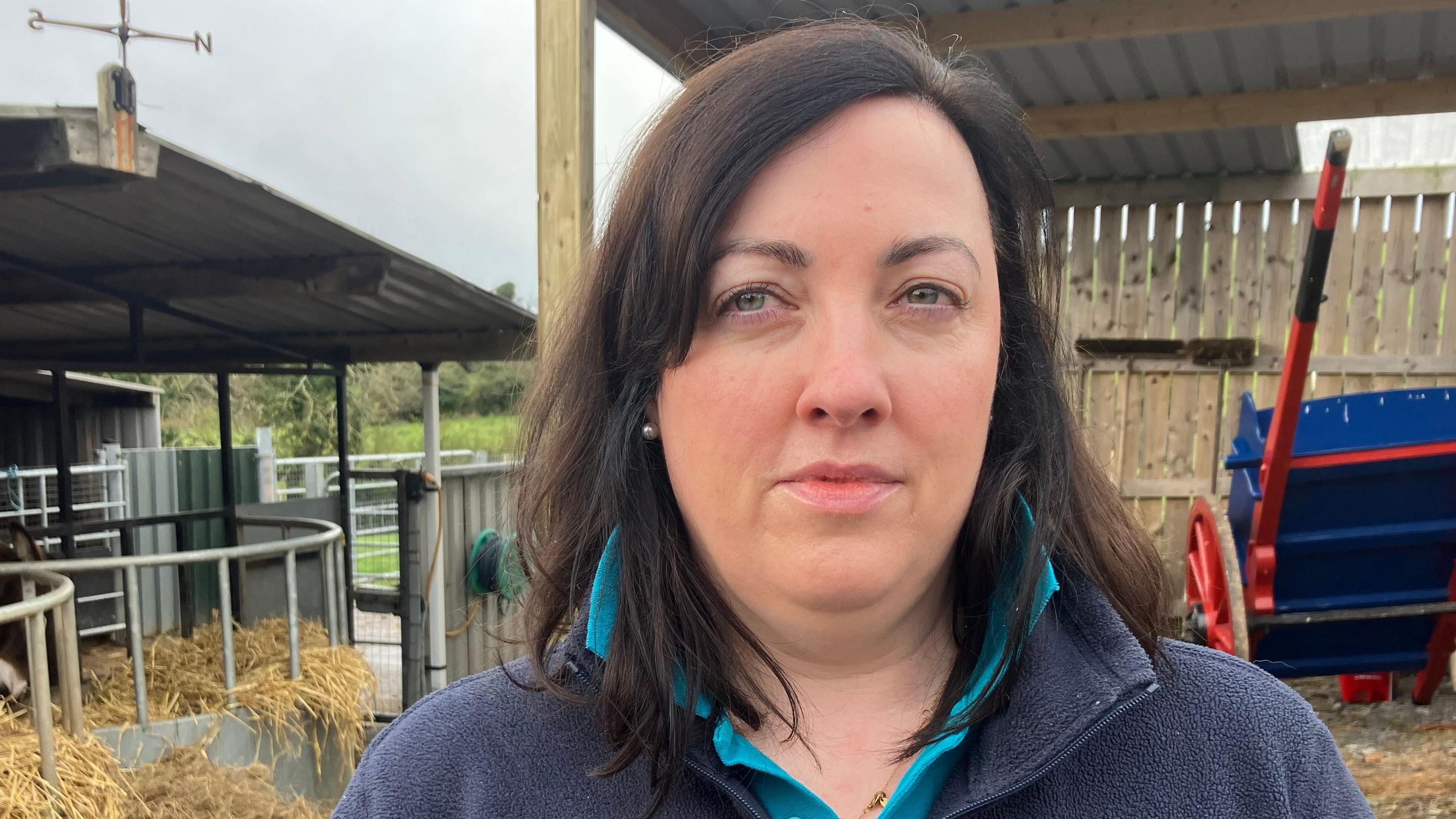 A photo of Elaine Conlon who has long dark brown hair, is wearing pearl earrings, a turquoise polo shirt with a dark blue fleece over it, she is standing near a paddock surrounded by hay outside. 