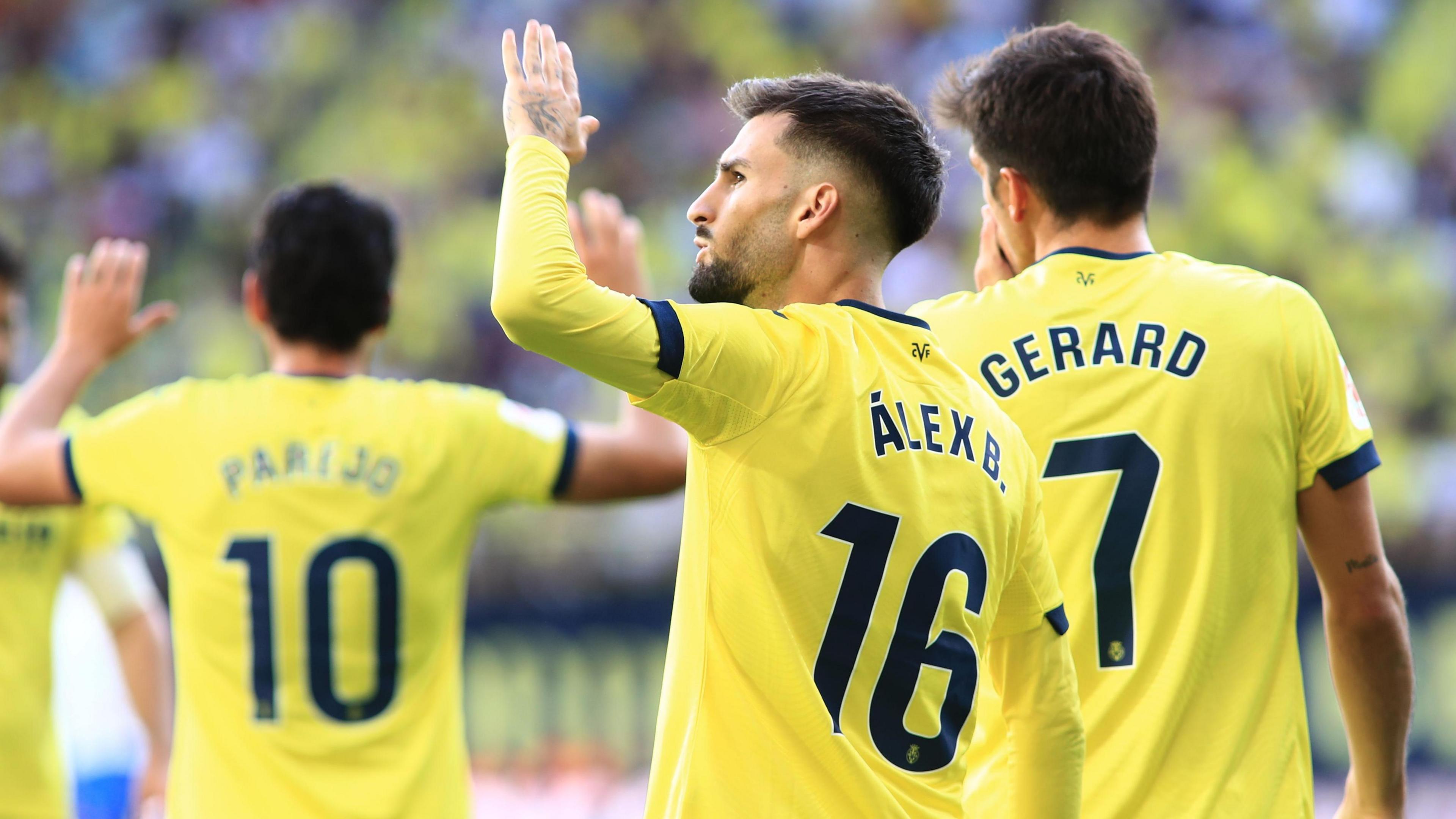 Villarreal midfielder Alex Baena celebrates a goal