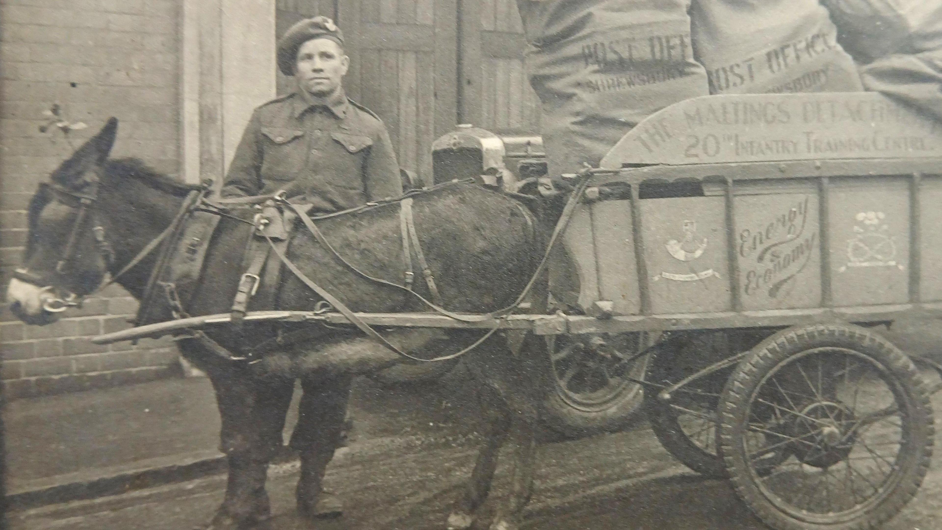 A black and white image of a donkey hauling a cart. The cart is full of sacks of letters. A man in an army uniform is standing behind the donkey.