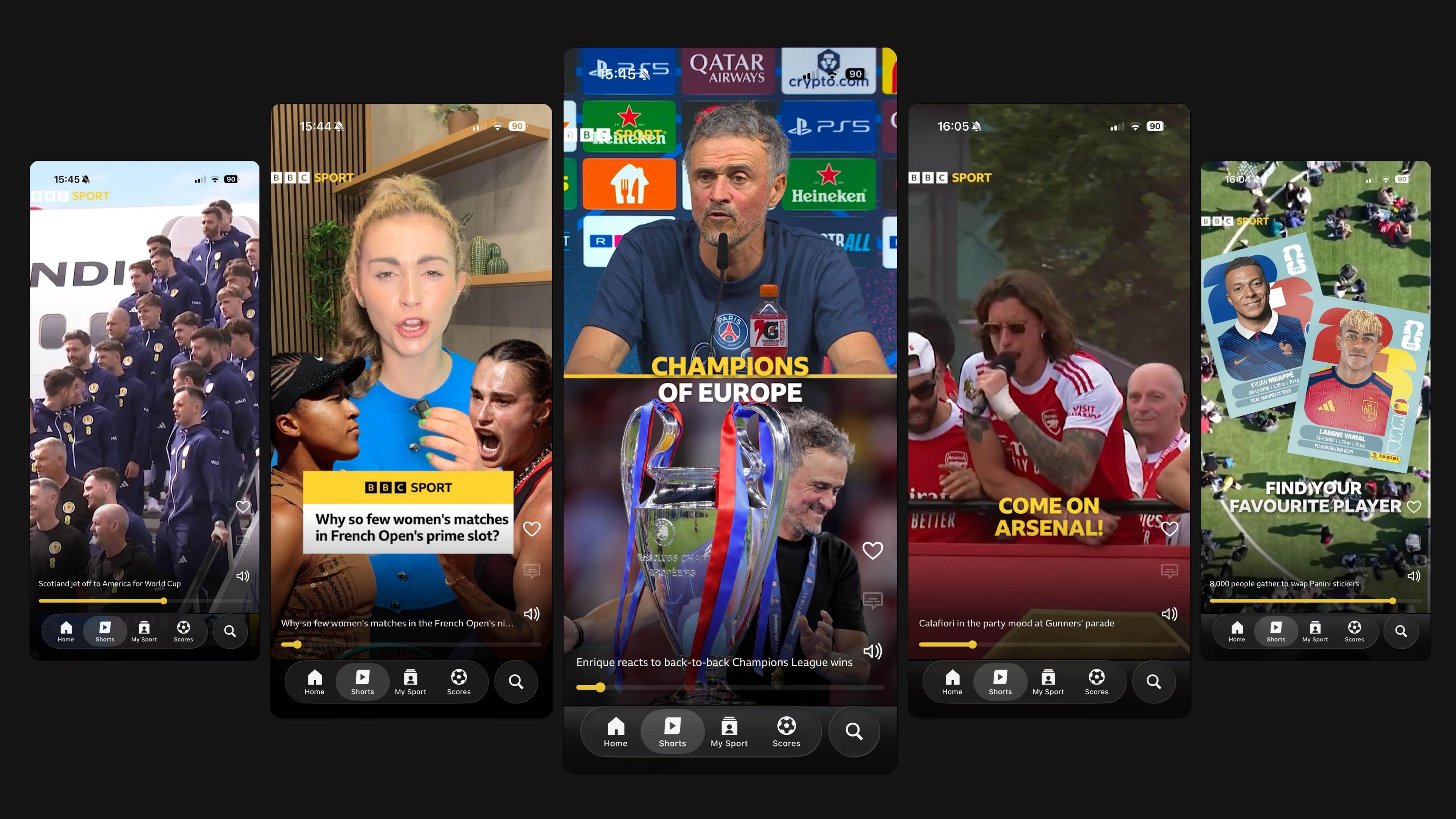 A collage showing five videos on the BBC Sport app and the new Shorts section