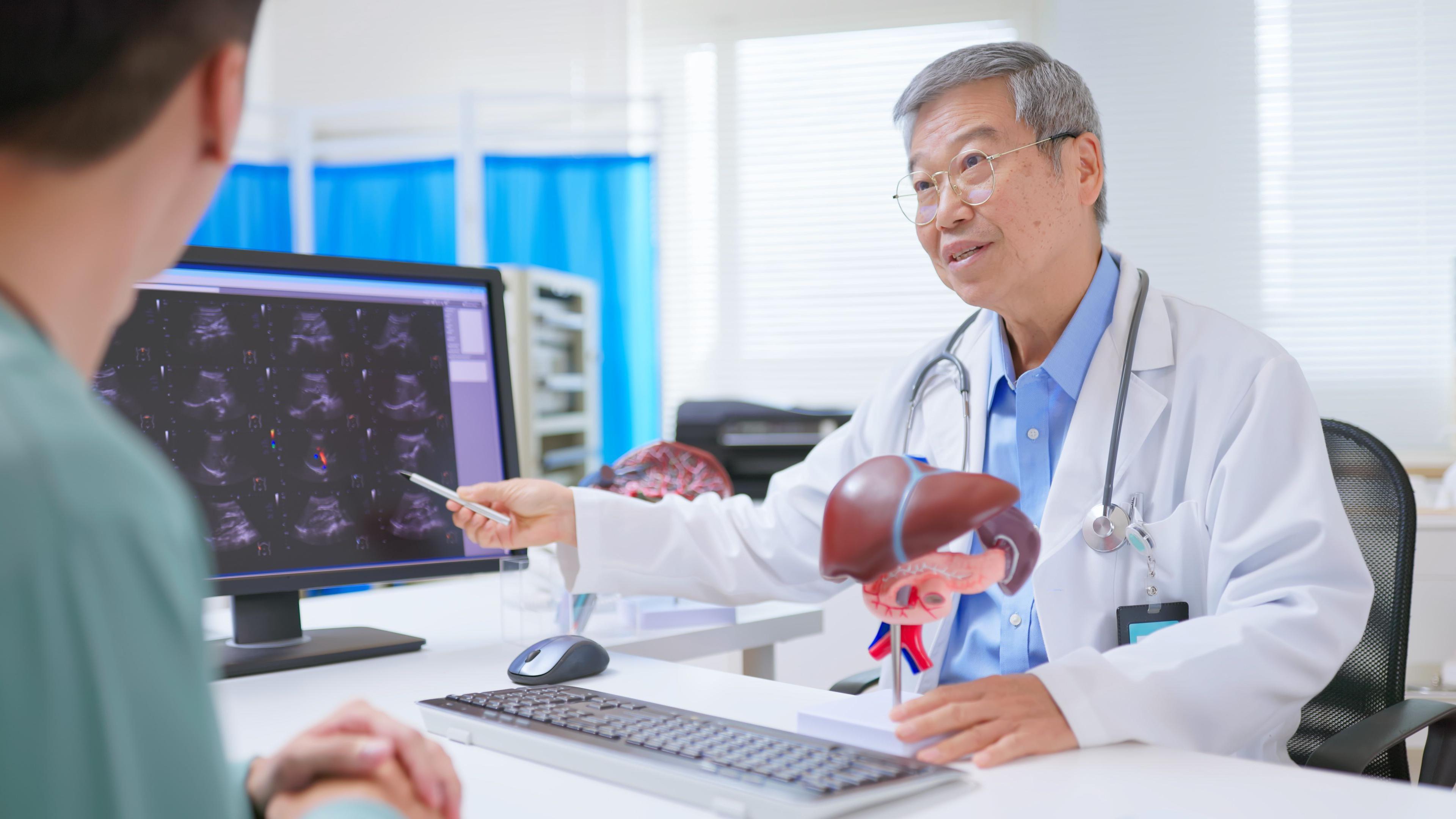 A man in a white doctor's coat is sitting behind a white desk pointing at his screen and holding a model of a liver. He is looking at a man across from him who is slightly out of frame.
