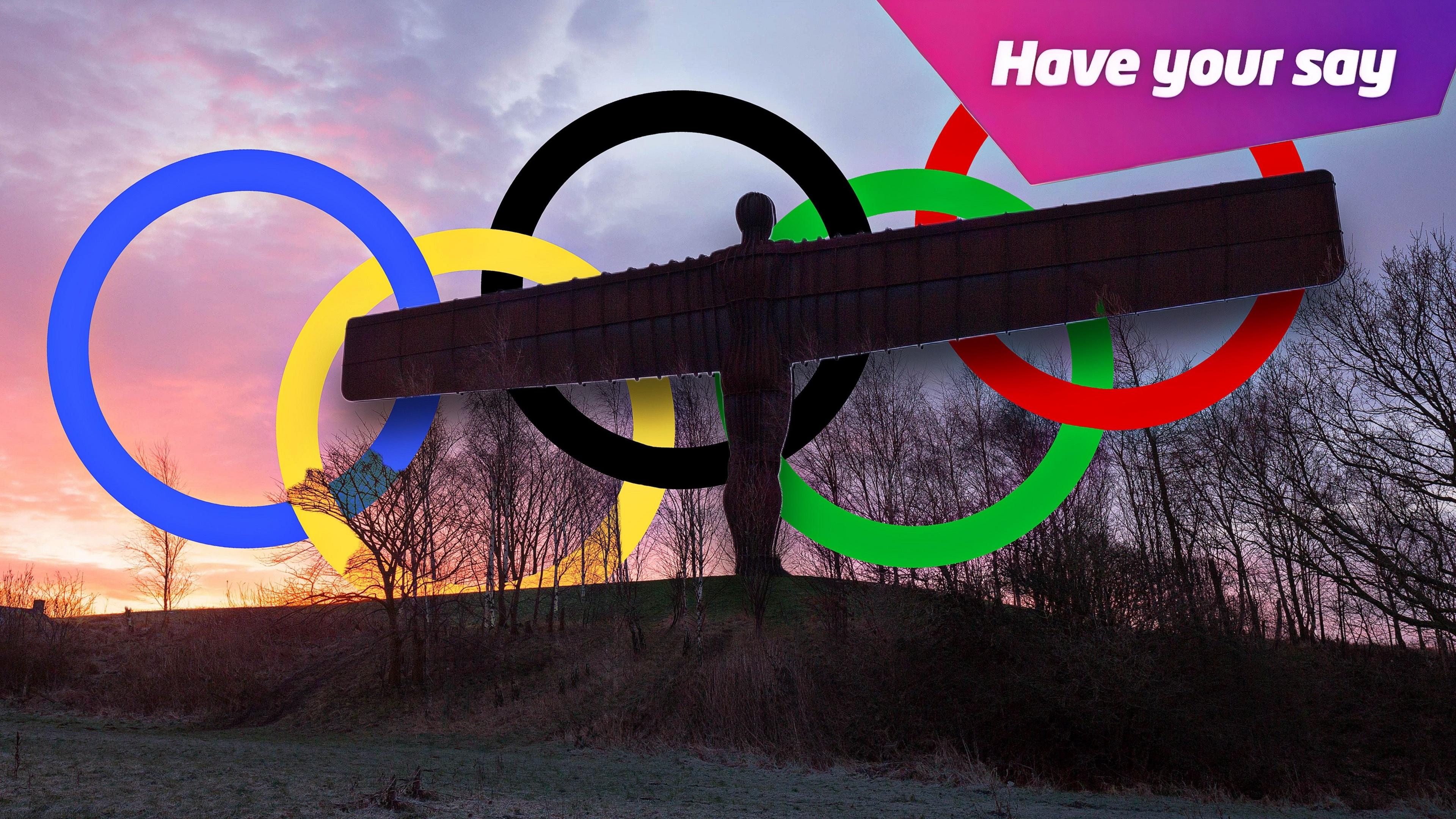 Angel of the north with the Olympic rings behind it.