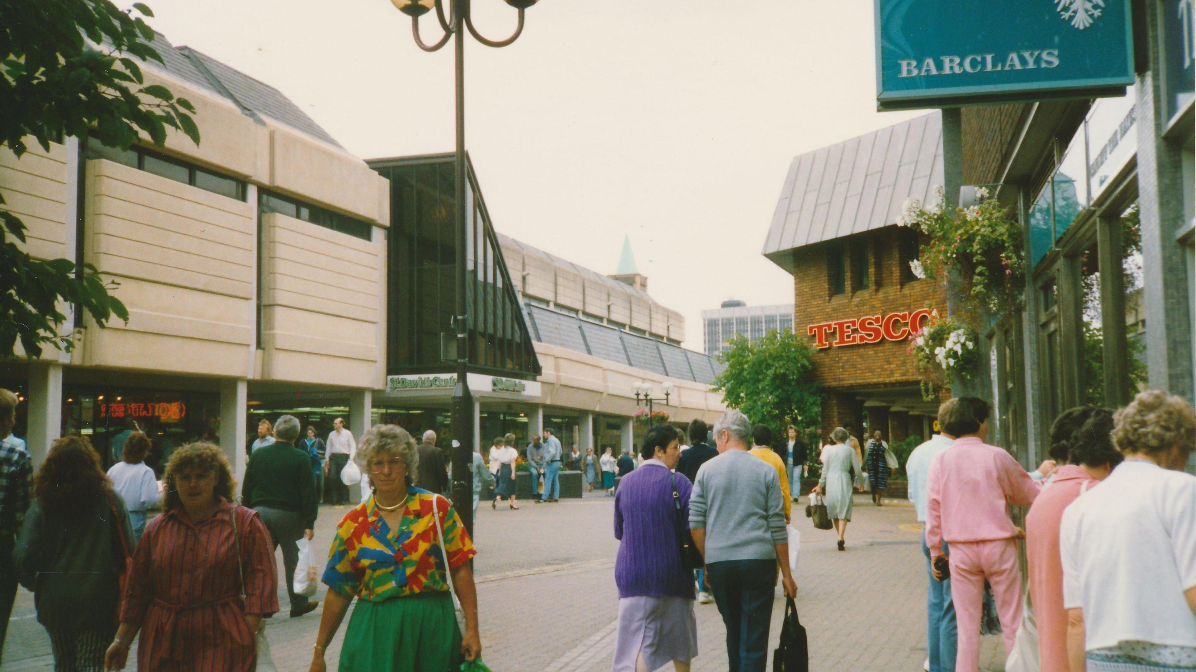 The original St David's shopping centre, taken from the entrance on Hills Street, Cardiff, with shoppers in the forefront, and Tesco at the rear