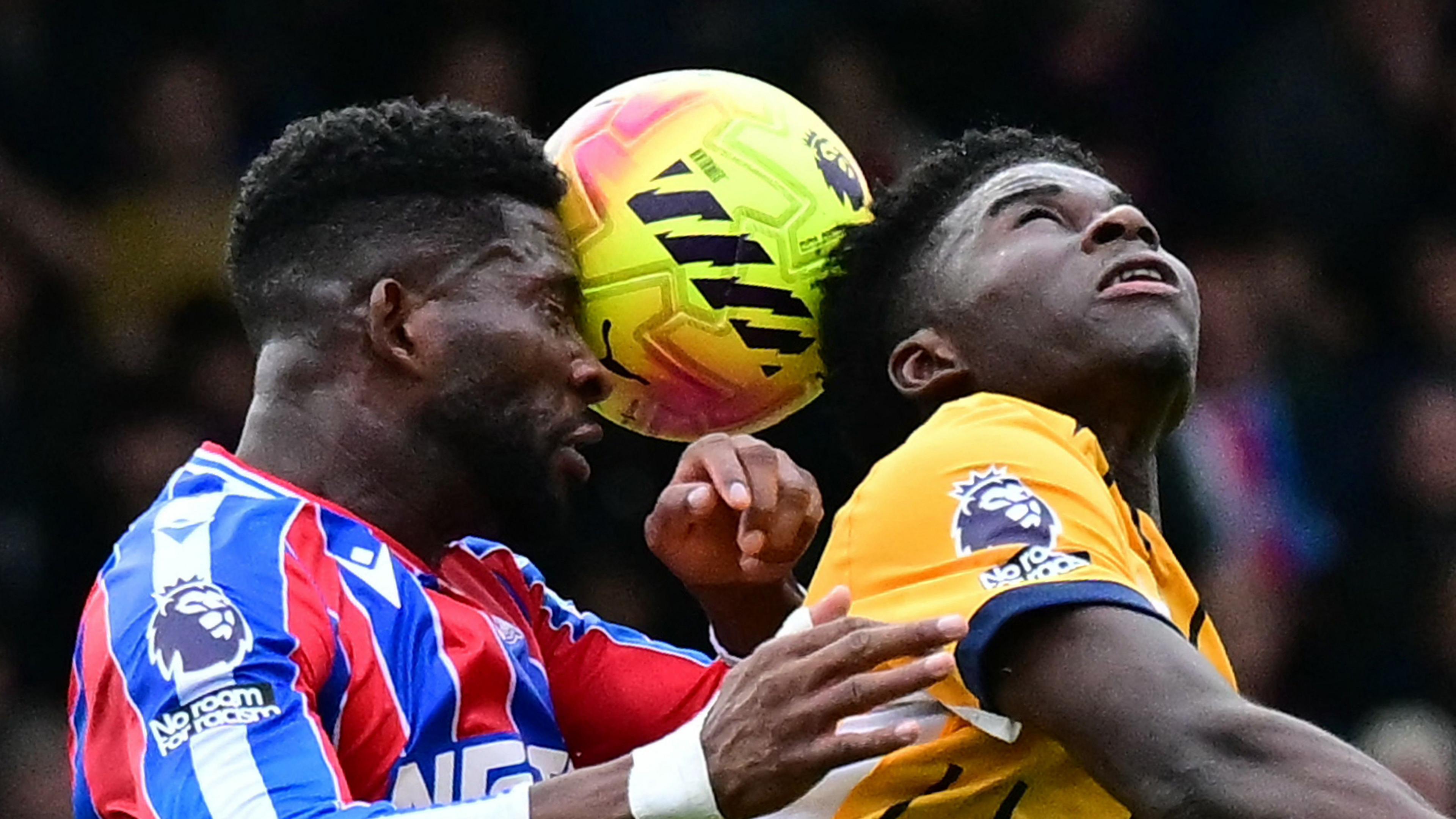 Georginio Rutter was Booked for Diving After a Penalty Decision was Overturned 2 Crystal Palace's Jefferson Lerma and Brighton's Carlos Baleba compete for a header