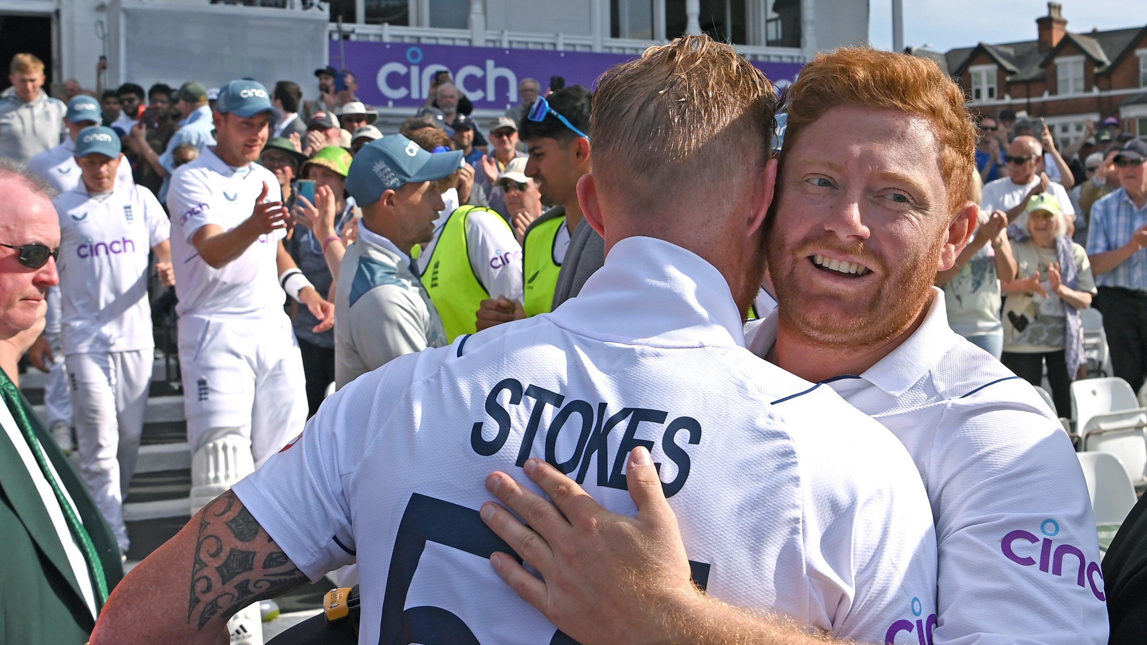 Jonny Bairstow and Ben Stokes embrace at Trent Bridge in 2022