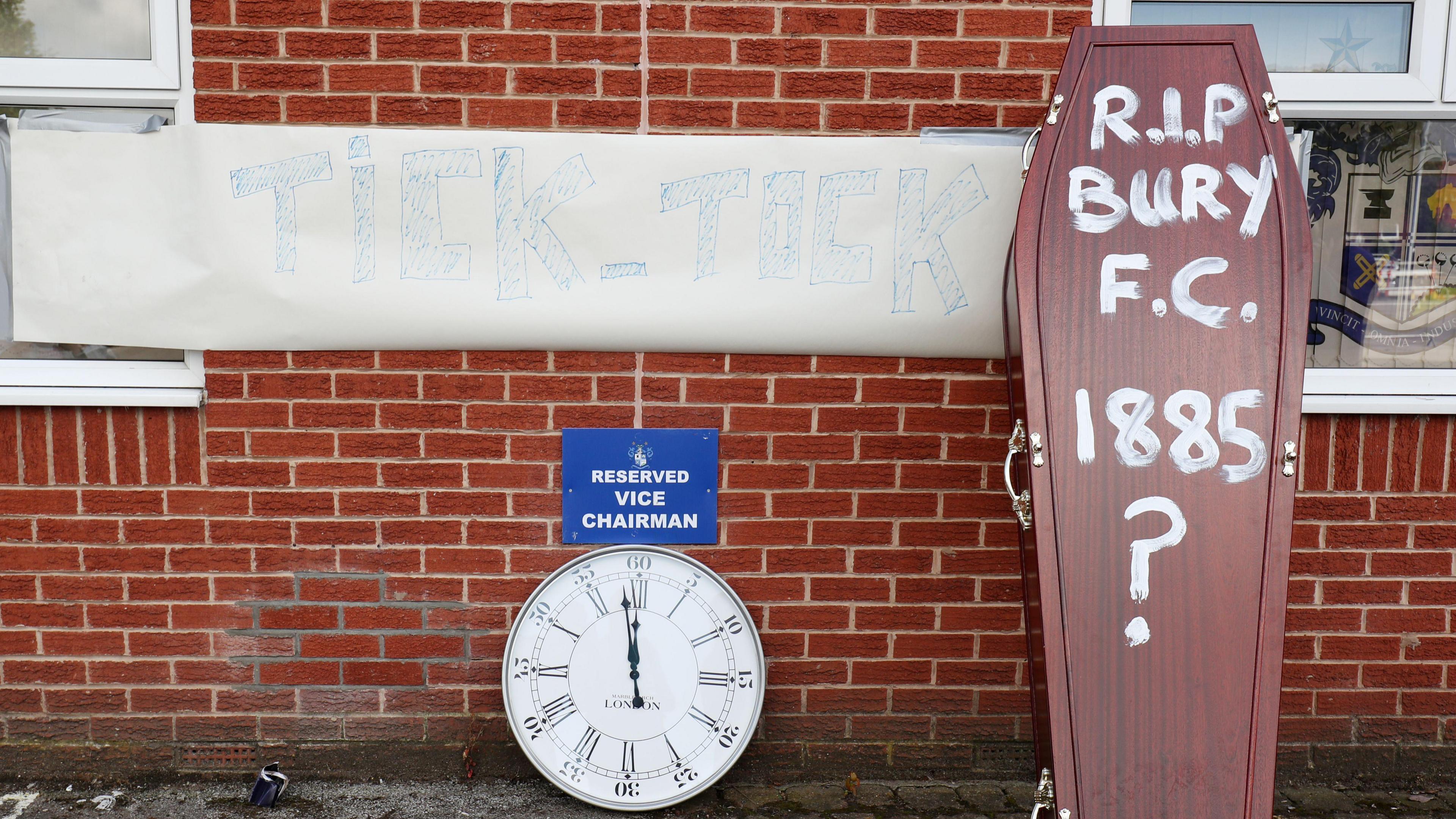 A coffin outside Bury's Gigg Lane home during their financial troubles in 2019