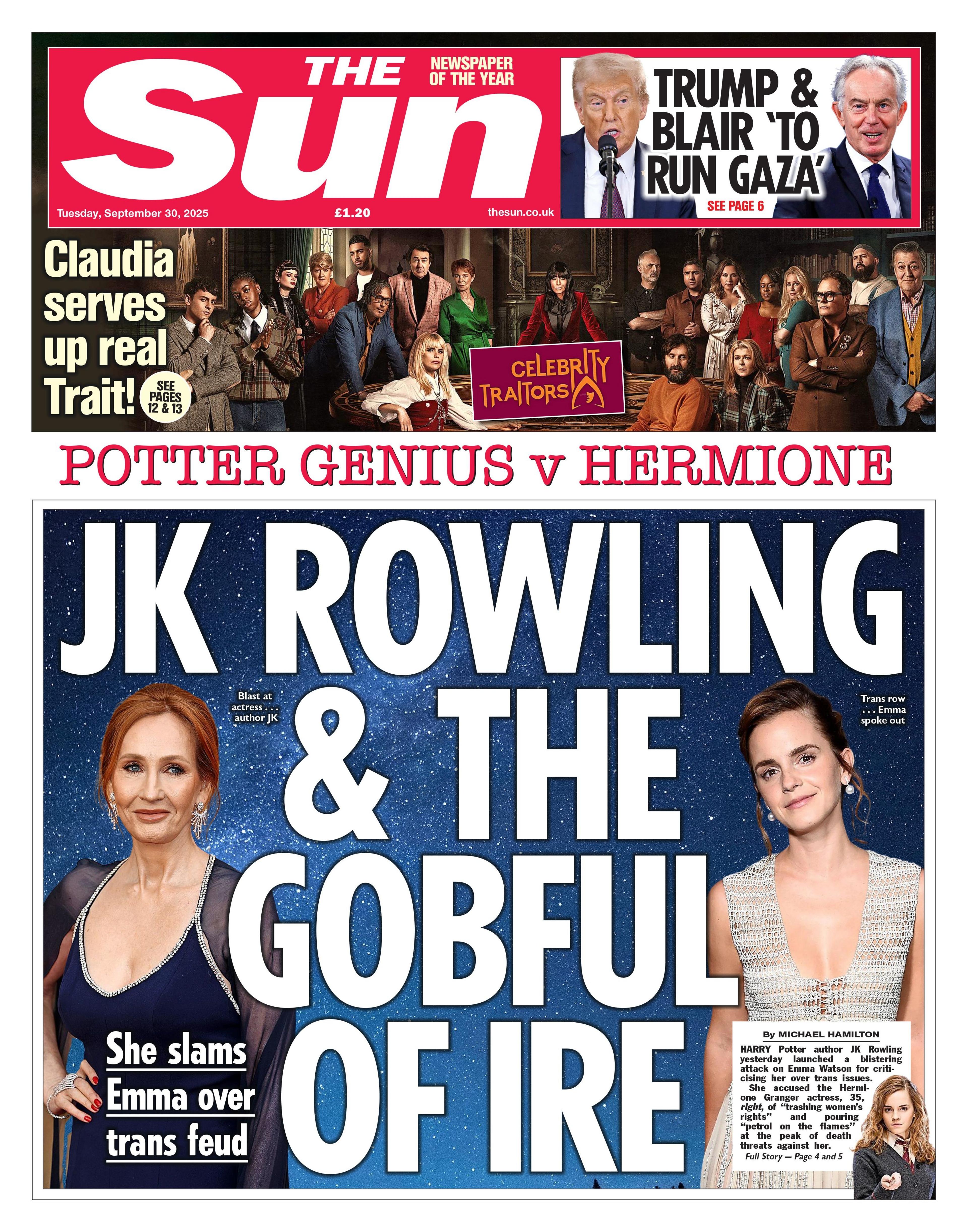 The headline on the front page of the Sun reads: "JK Rowling & the Gobful of Ire", alongside photos of Rowling and actor Emma Watson.
