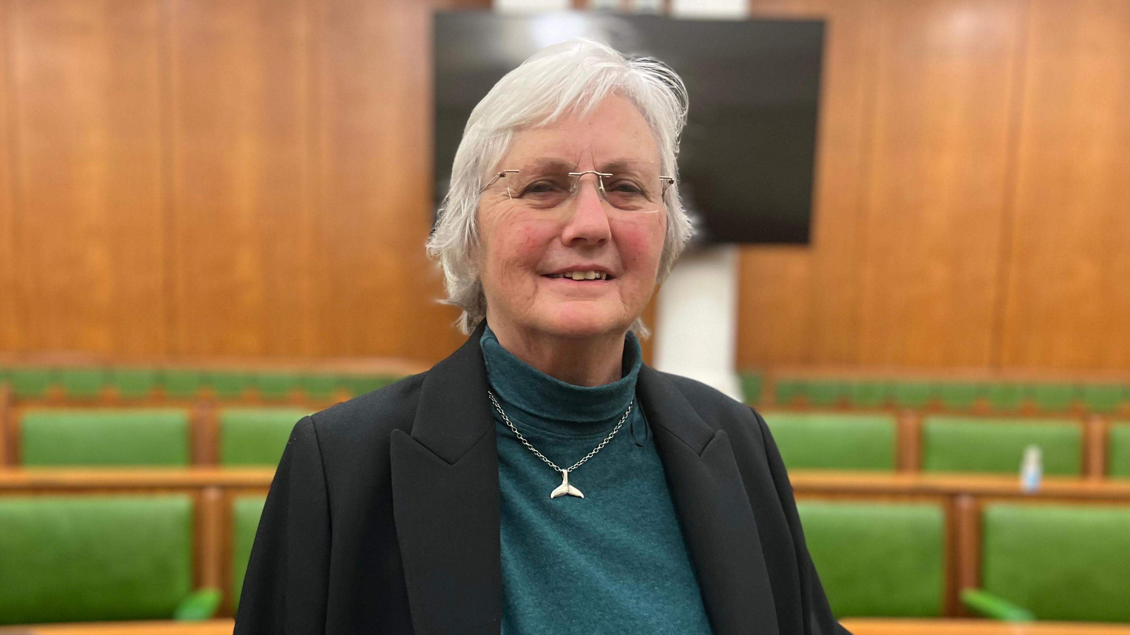 Woman with short grey hair and glasses wearing a blue turtle neck and black blazer smiles in the council chamber of Matlock county hall