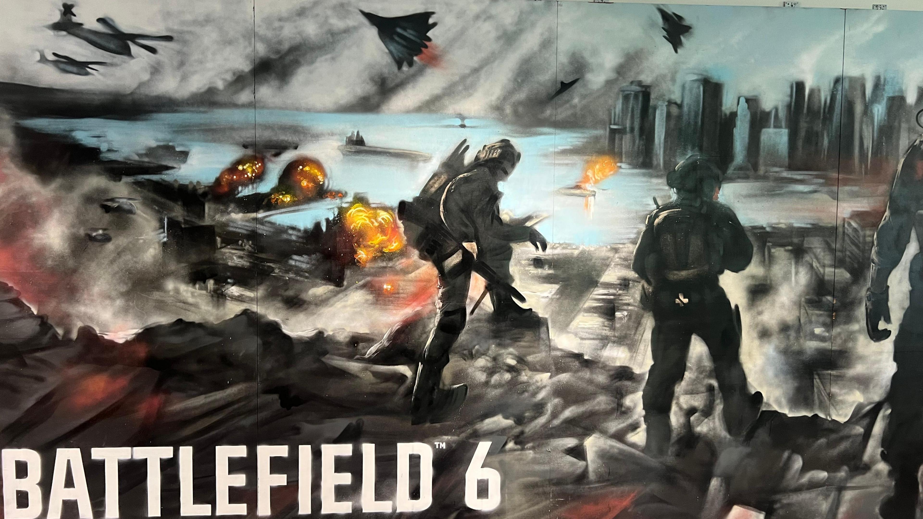 An impressionistic painting of two solders dressed in grey military gear climbing across a battlefield. There are military jets flying though the air, fire on the ground around them and there is a city in the distance across some water.