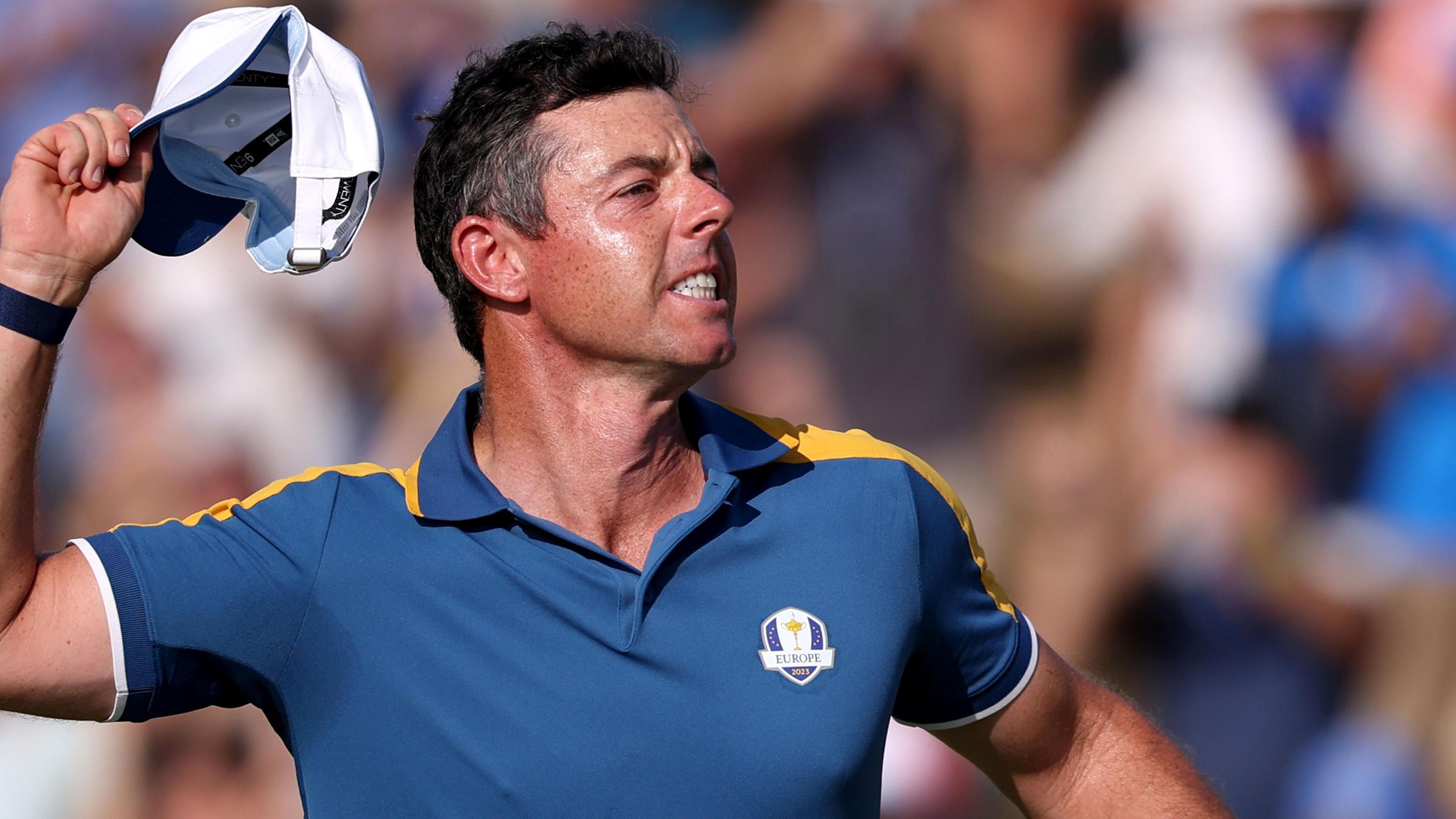 Rory McIlroy celebrates winning a point for Europe against the US at the 2023 Ryder Cup in Rome