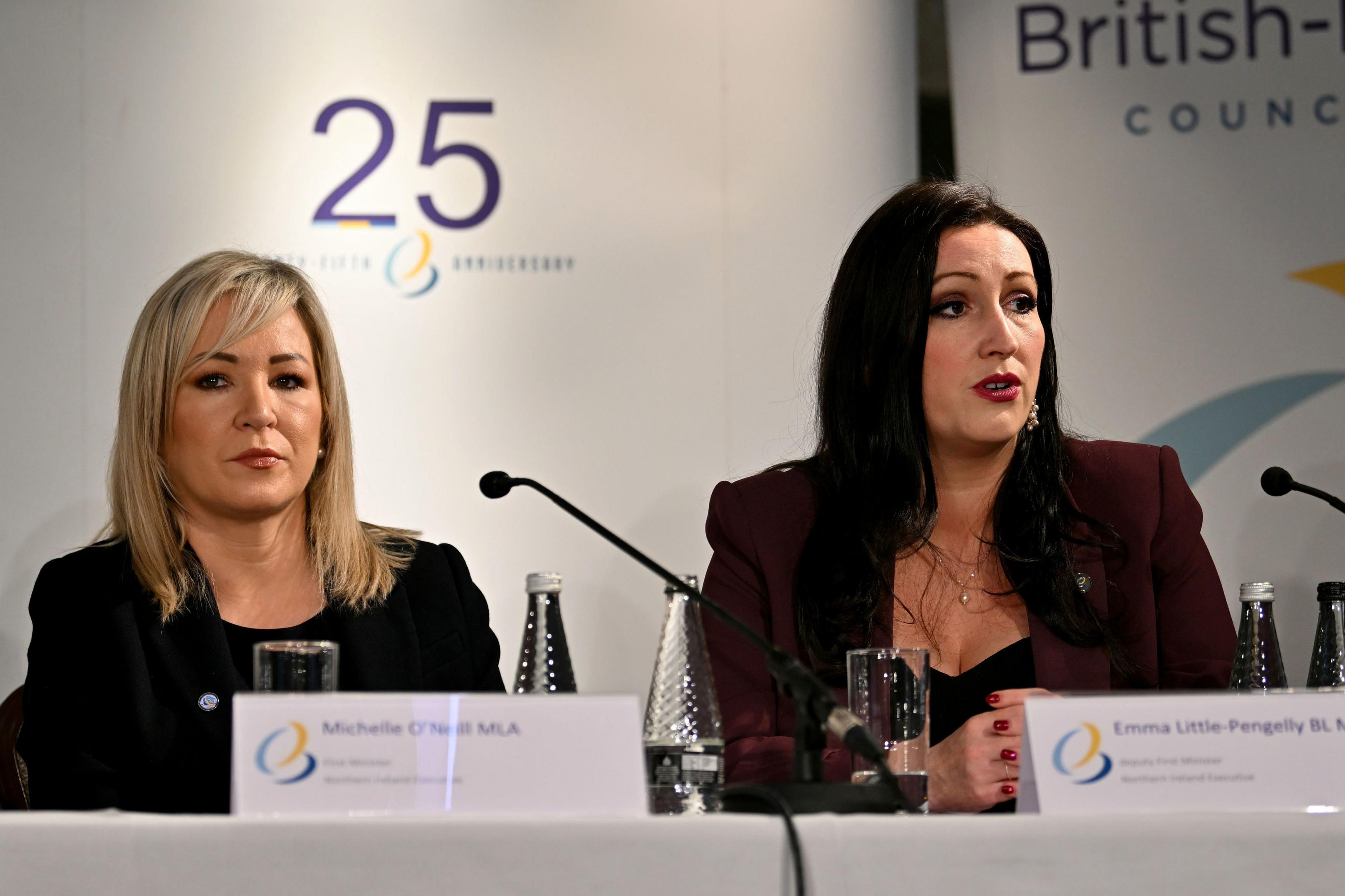 Michelle O'Neill and Northern Ireland's deputy First Minister Emma Little-Pengelly attend a press conference during the British-Irish Council (BIC) summit in Edinburgh. 