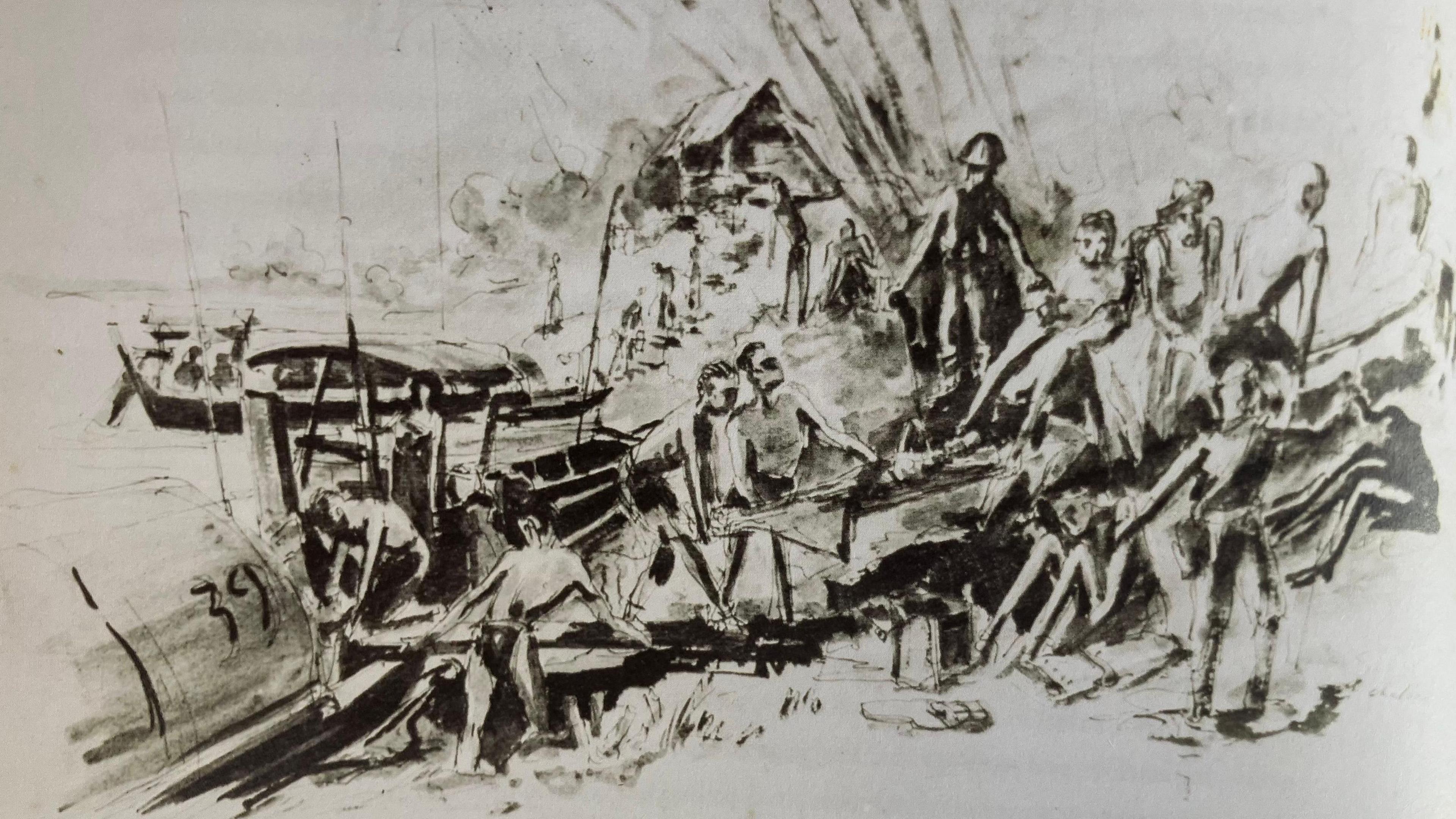 A black and white painted interpretation of emaciated men sitting and standing with a river and boats depicted on the left.