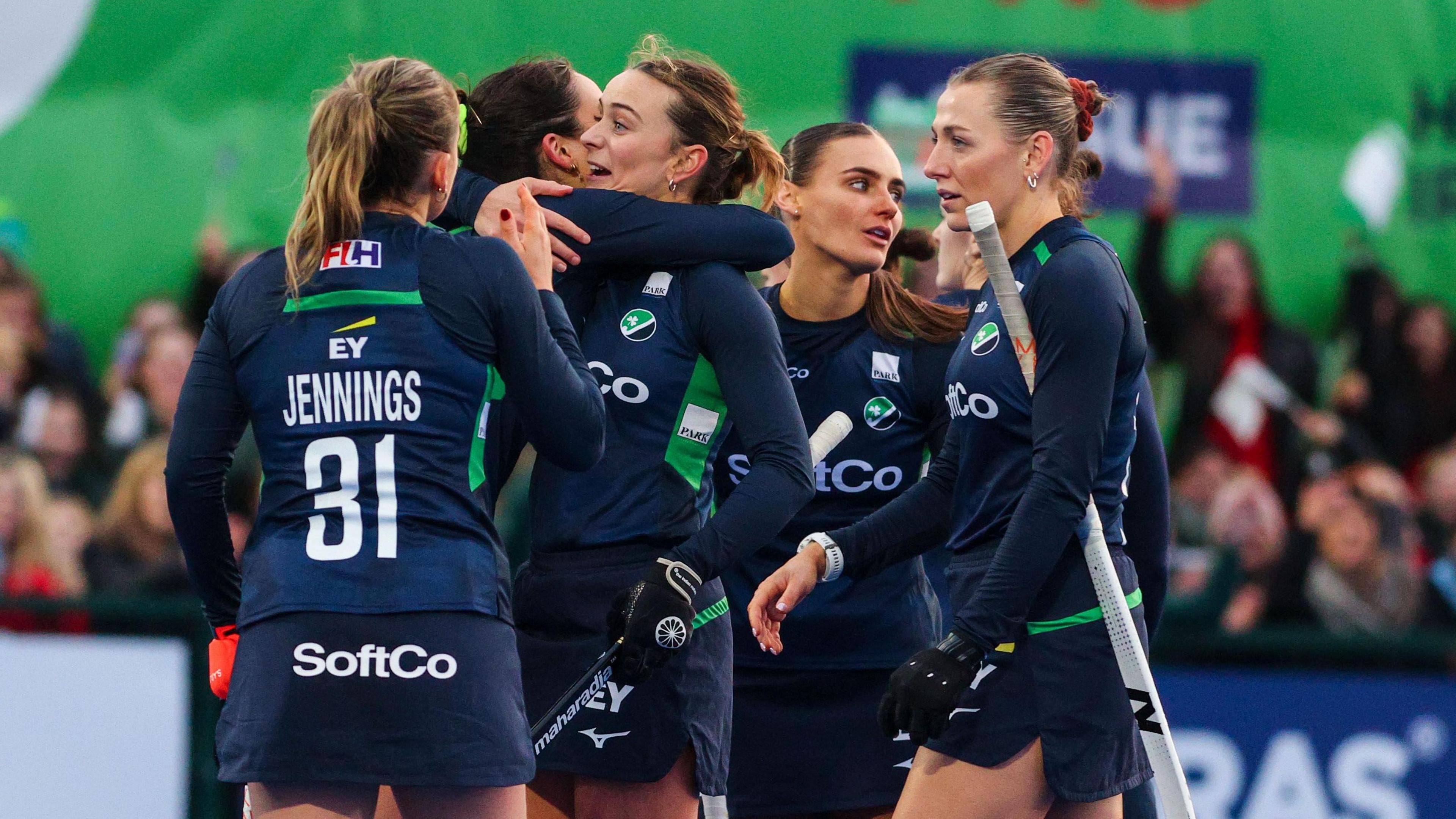 Ellen Curran (centre) celebrates scoring Ireland’s first ever goal in the Pro League