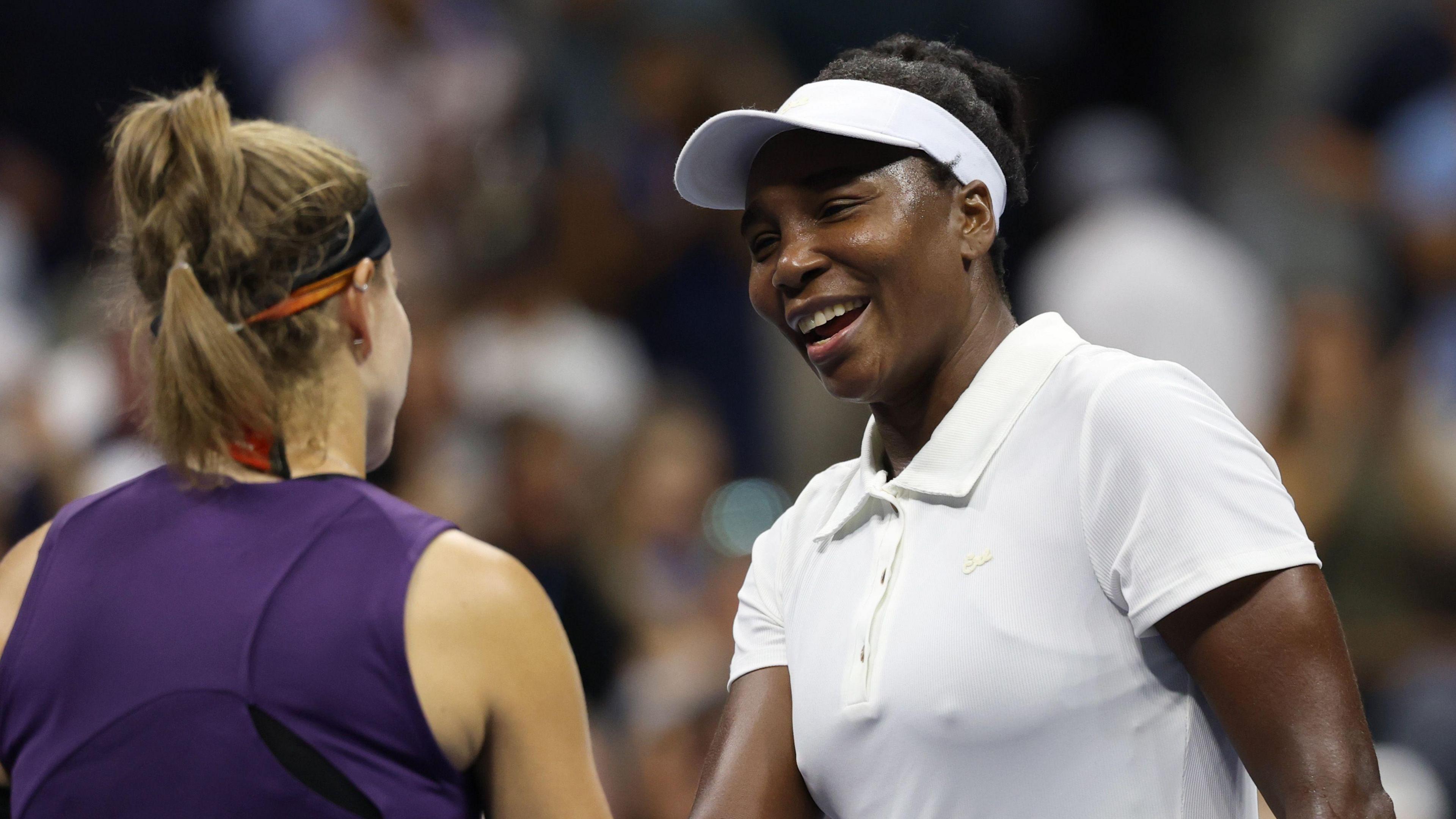 Venus Williams shakes Karolina Muchova's hand after their 2025 US Open match