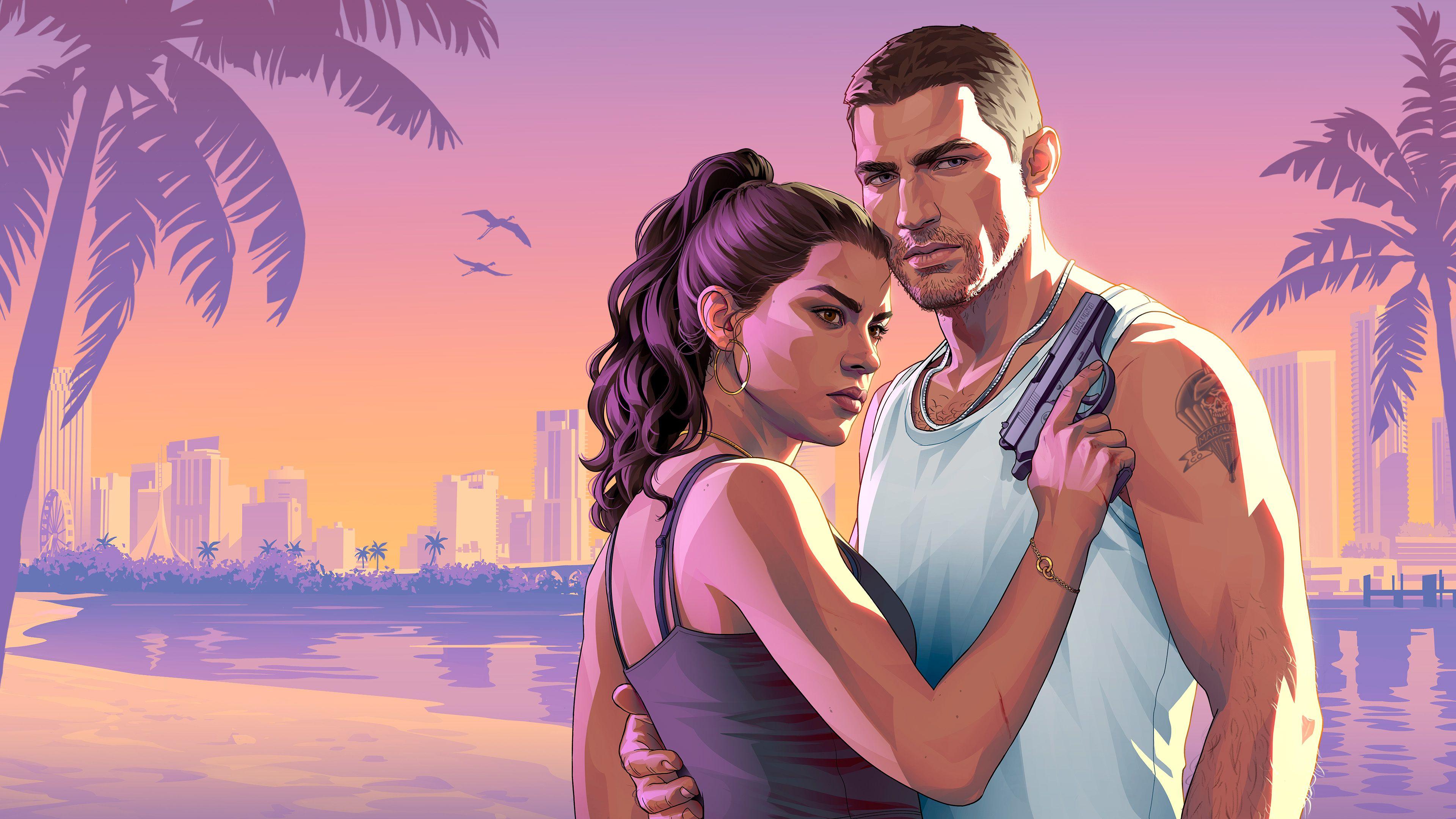 Artwork from GTA 6 shows protagonists Jason and Lucia standing in front of a Miami-inspired skyline at sunset. The pair embrace while looking suspiciously at something or someone out of shot. Lucia rests one hand, holding a pistol, on Jason's chest.