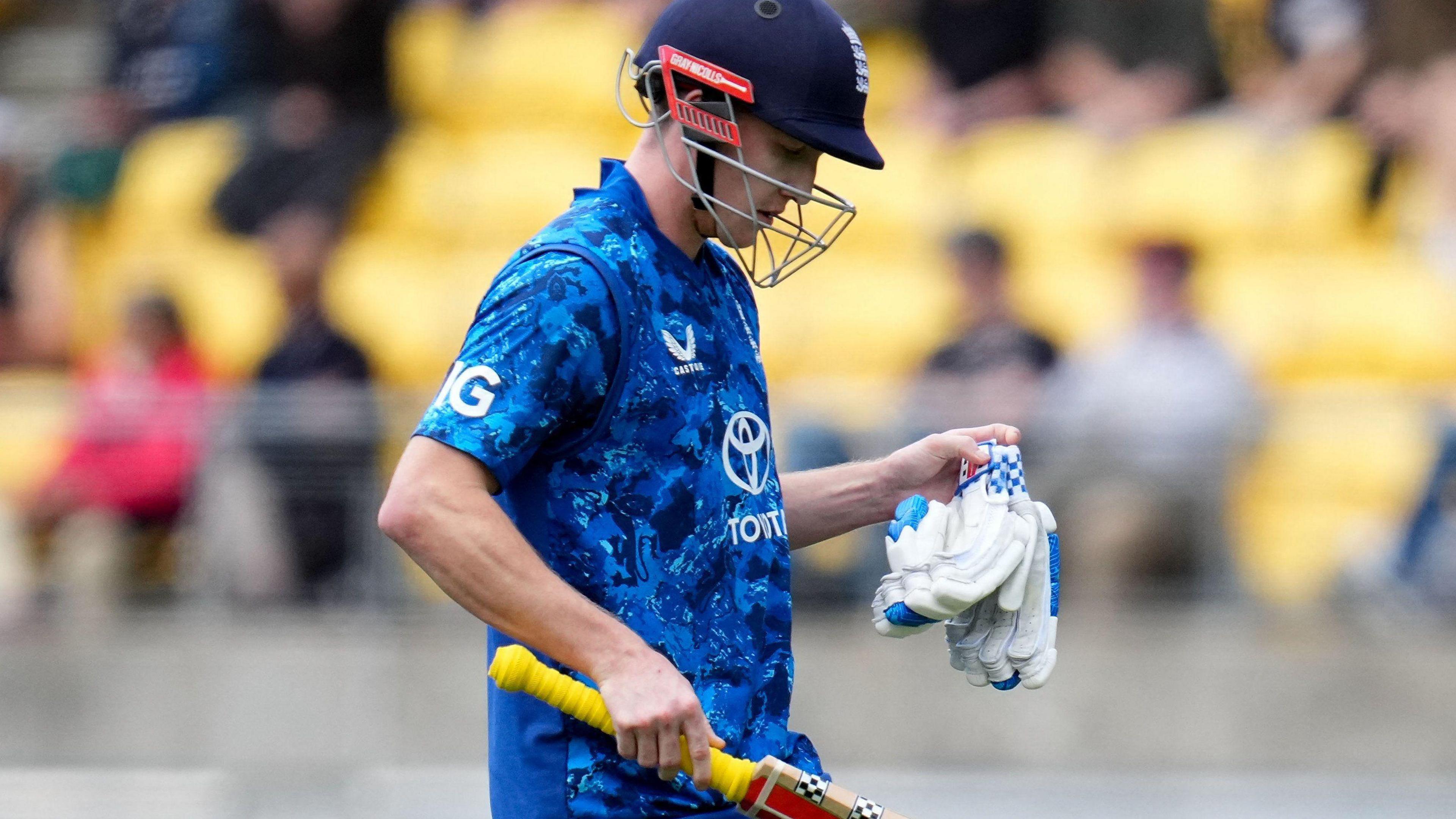 England captain Harry Brook walks off after being dismissed in the third ODI against New Zealand in Wellington