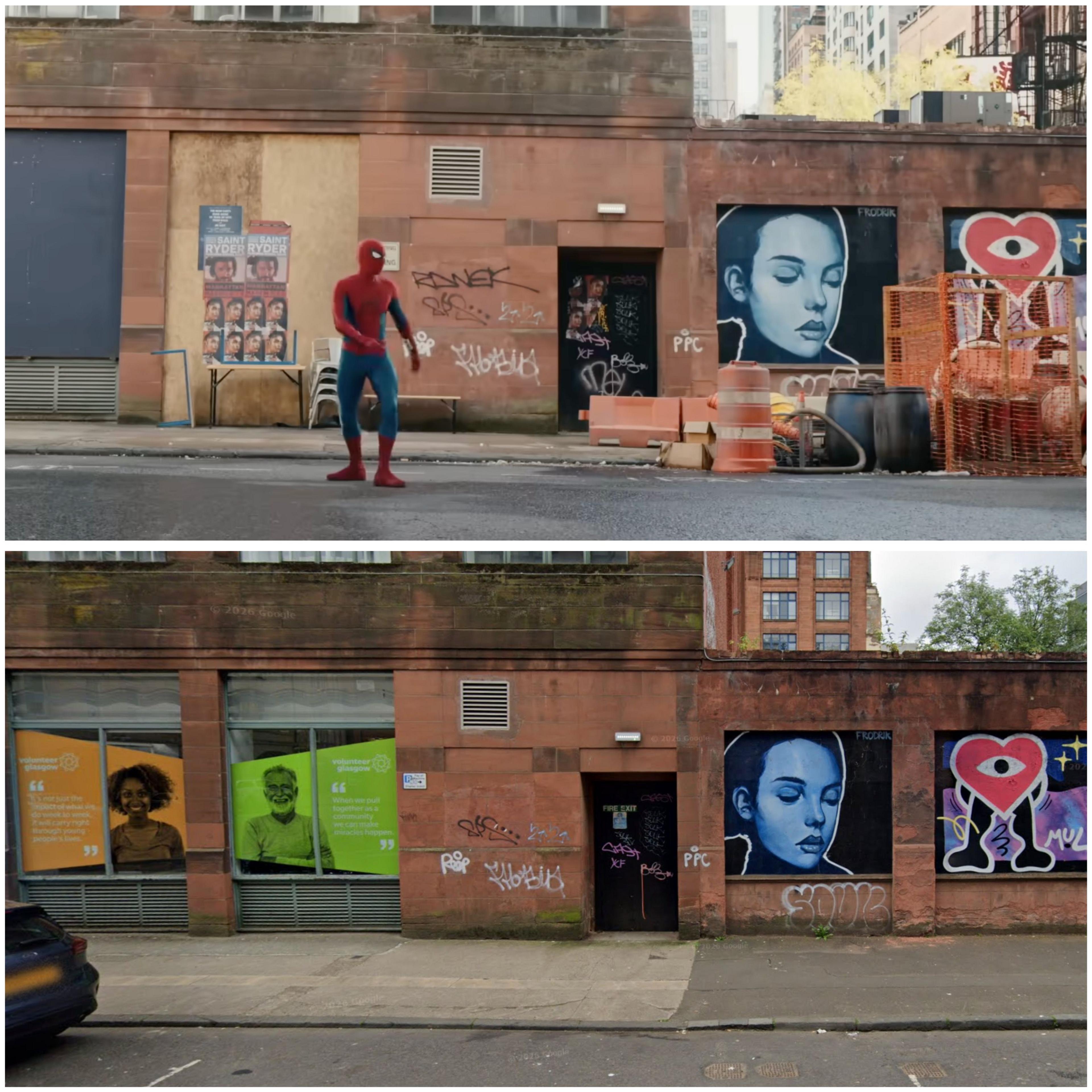 A side by side comparison of the street in real life with a scene with spider-man standing on it from the movie.