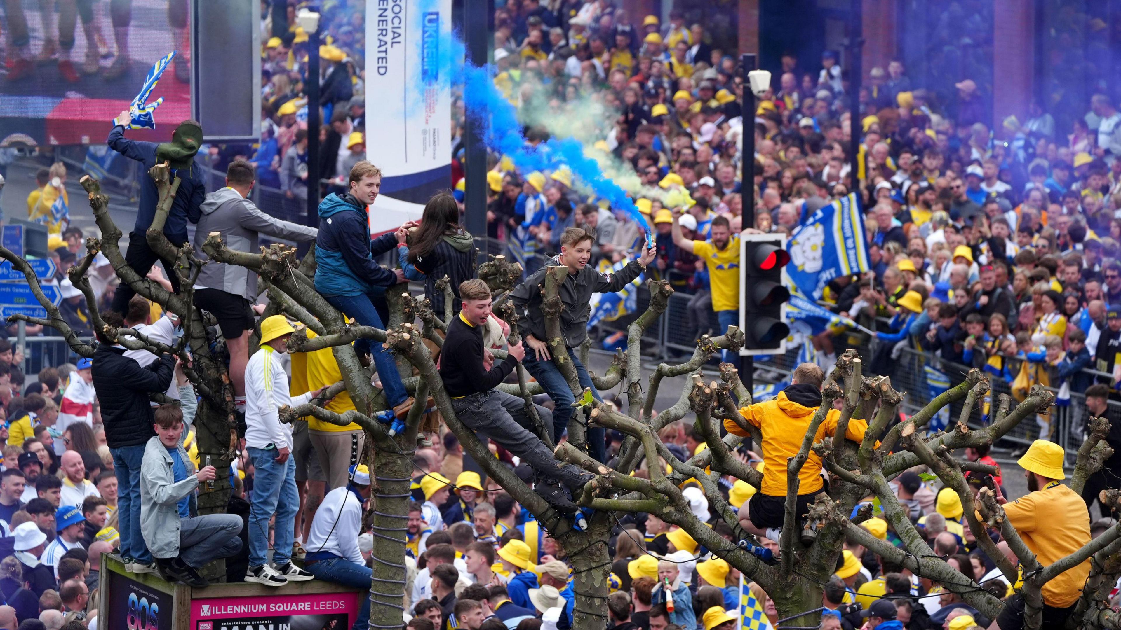 Fans sitting on top of trees and setting off flares in the crowd 