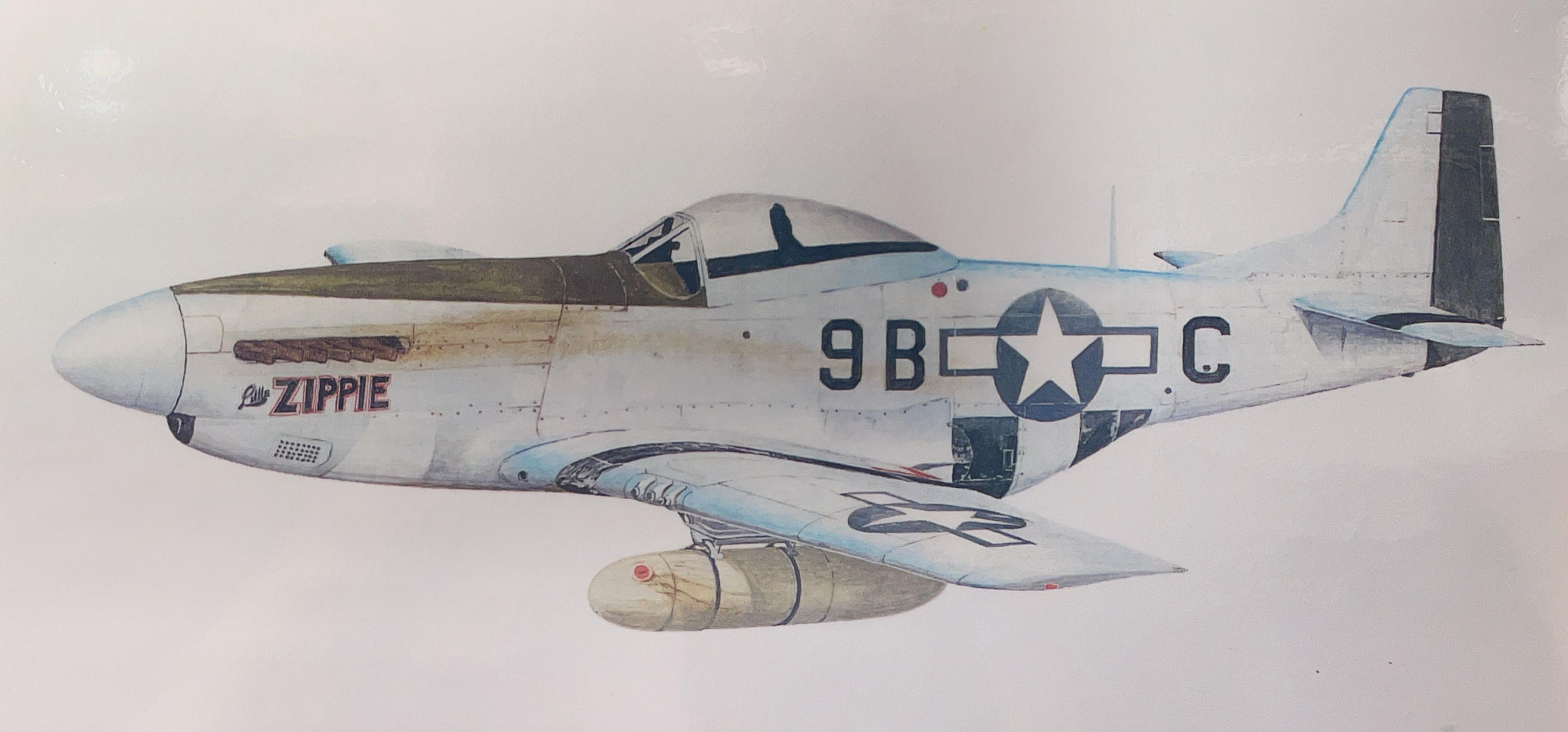 An artist's impression of a Mustang fighter jet. On the body, there are the characters 9B C around the USAF logo, and towards the nose it says "Little Zippie"