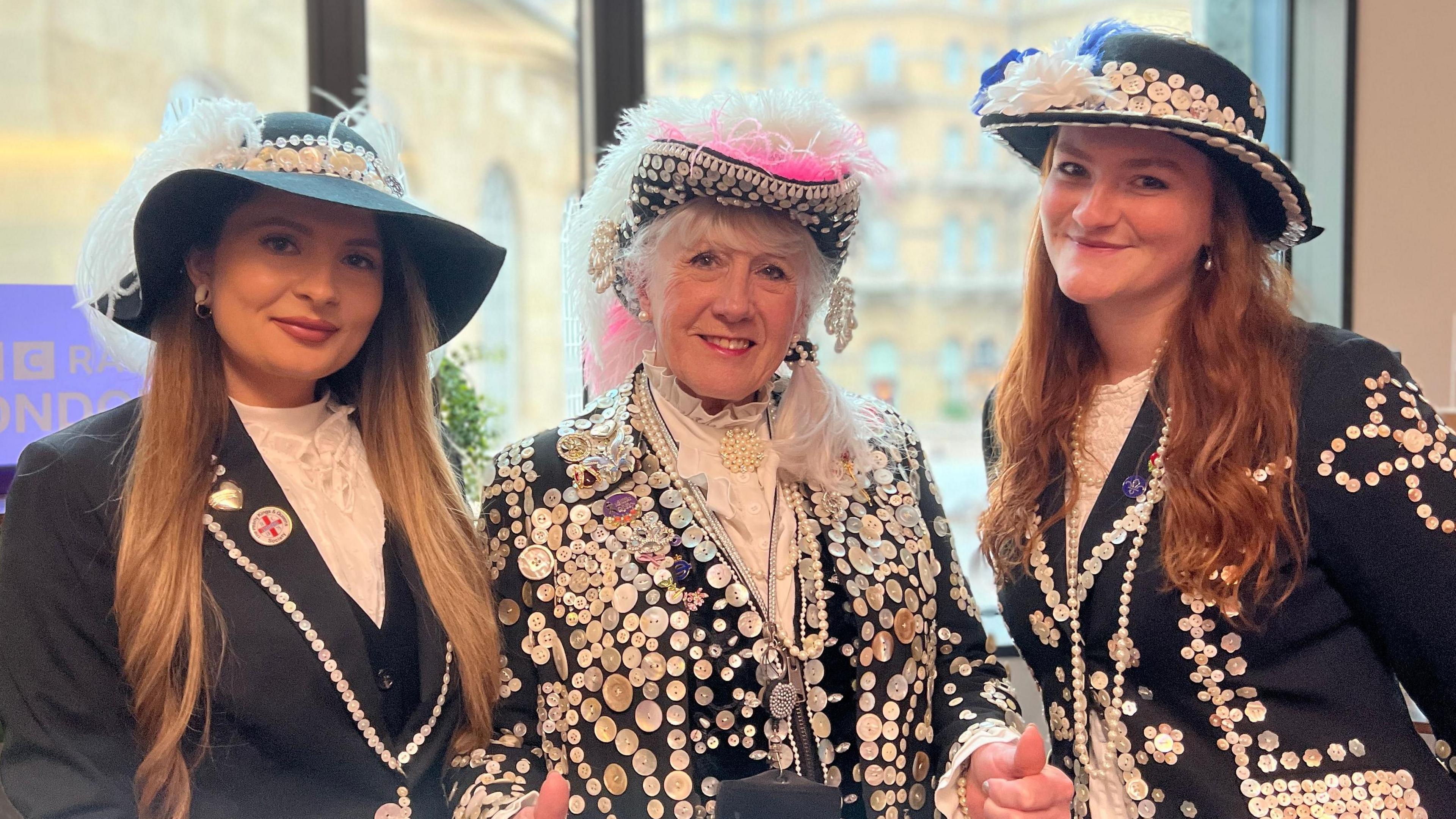 From left: Evie Walden, Pearly Consort, Sue Golding, Pearly Queen of Silvertown and Maudie Blackie-Kelly, Pearly Princess of Fulham