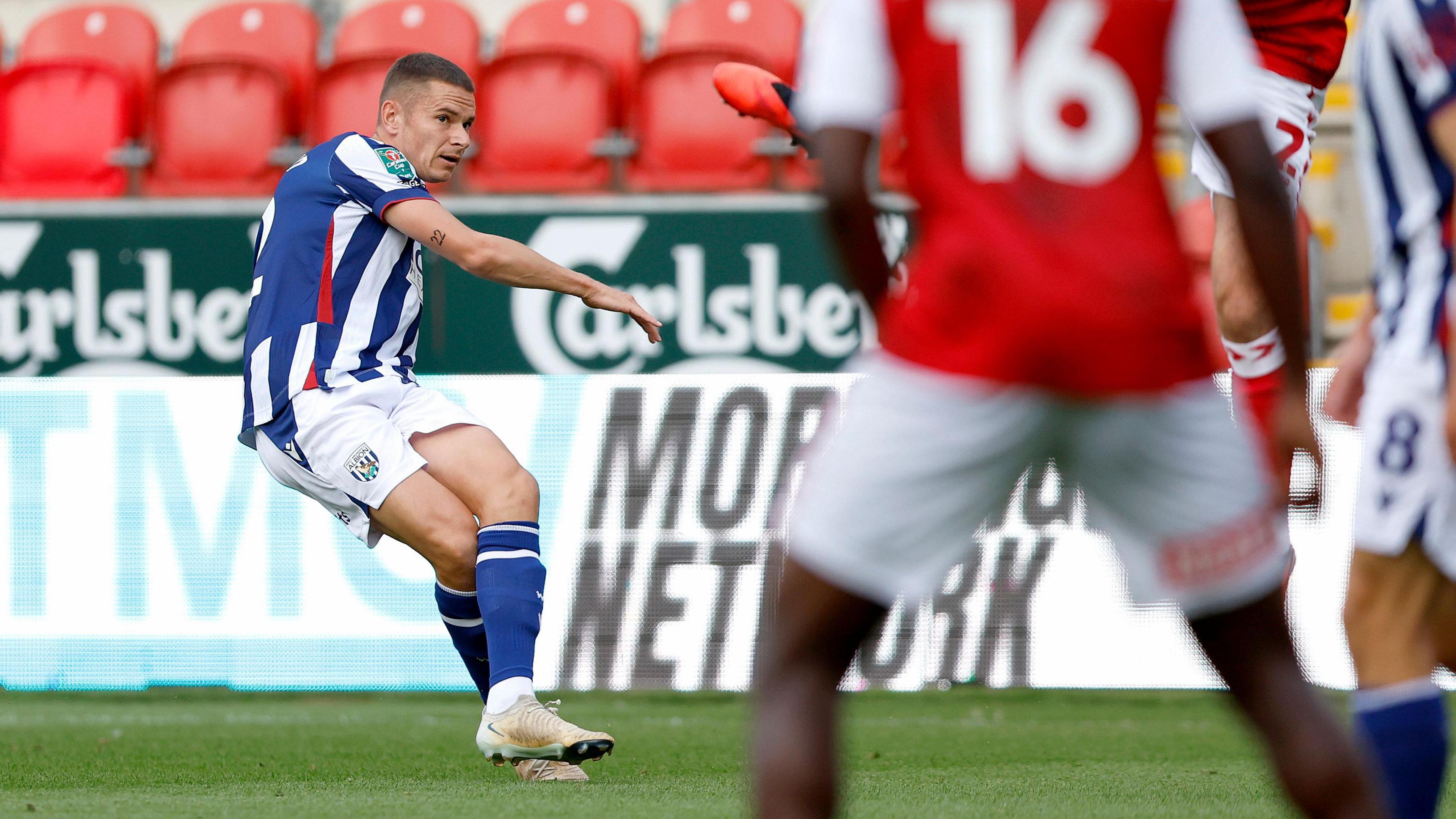 Conor Townsend takes a free-kick in West Bromwich Albion's Carabao Cup win at Rotherham on Saturday 