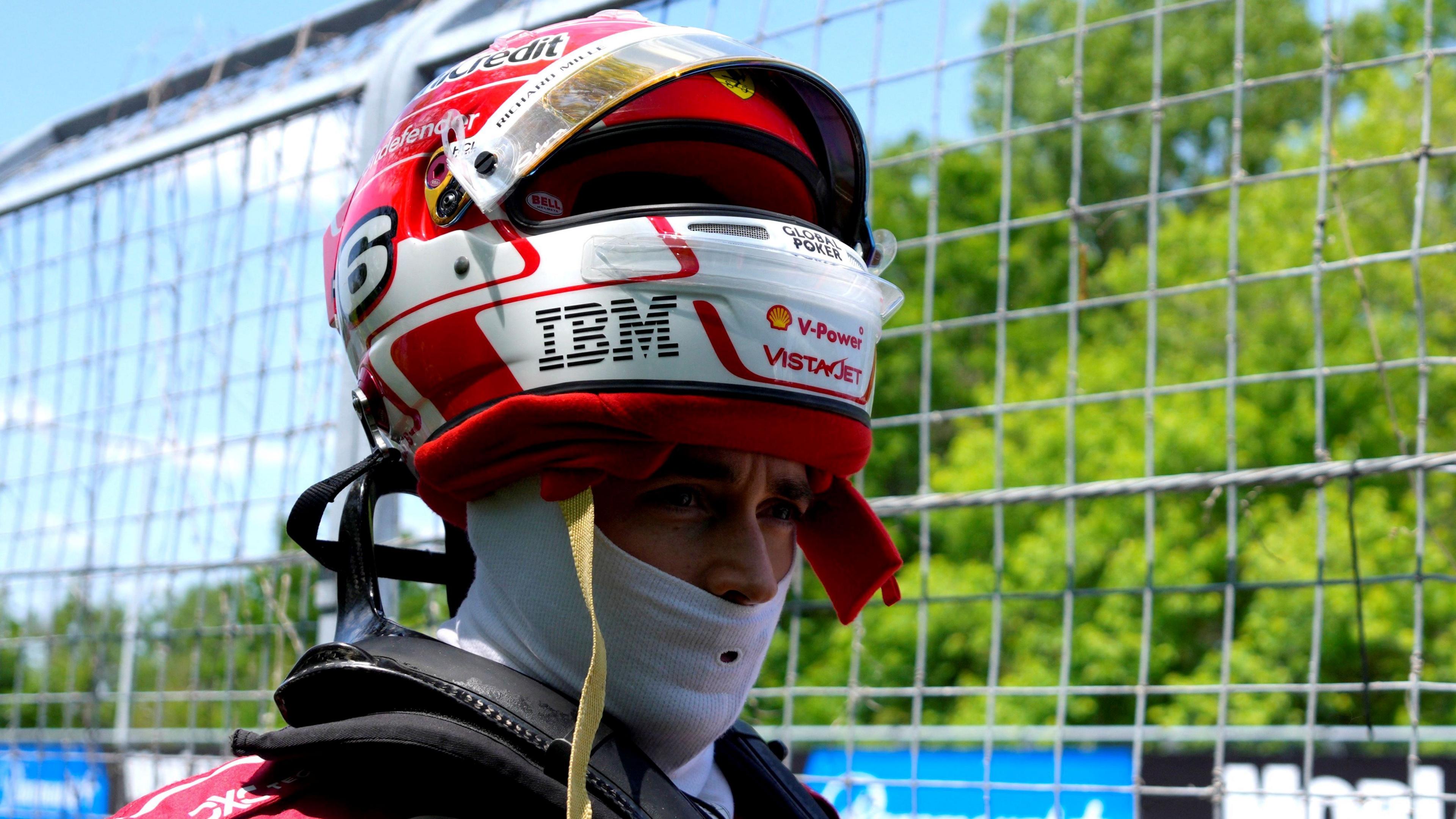 Ferrari's Charles Leclerc with his helmet half off his head after crashing during Canadian Grand Prix first practice