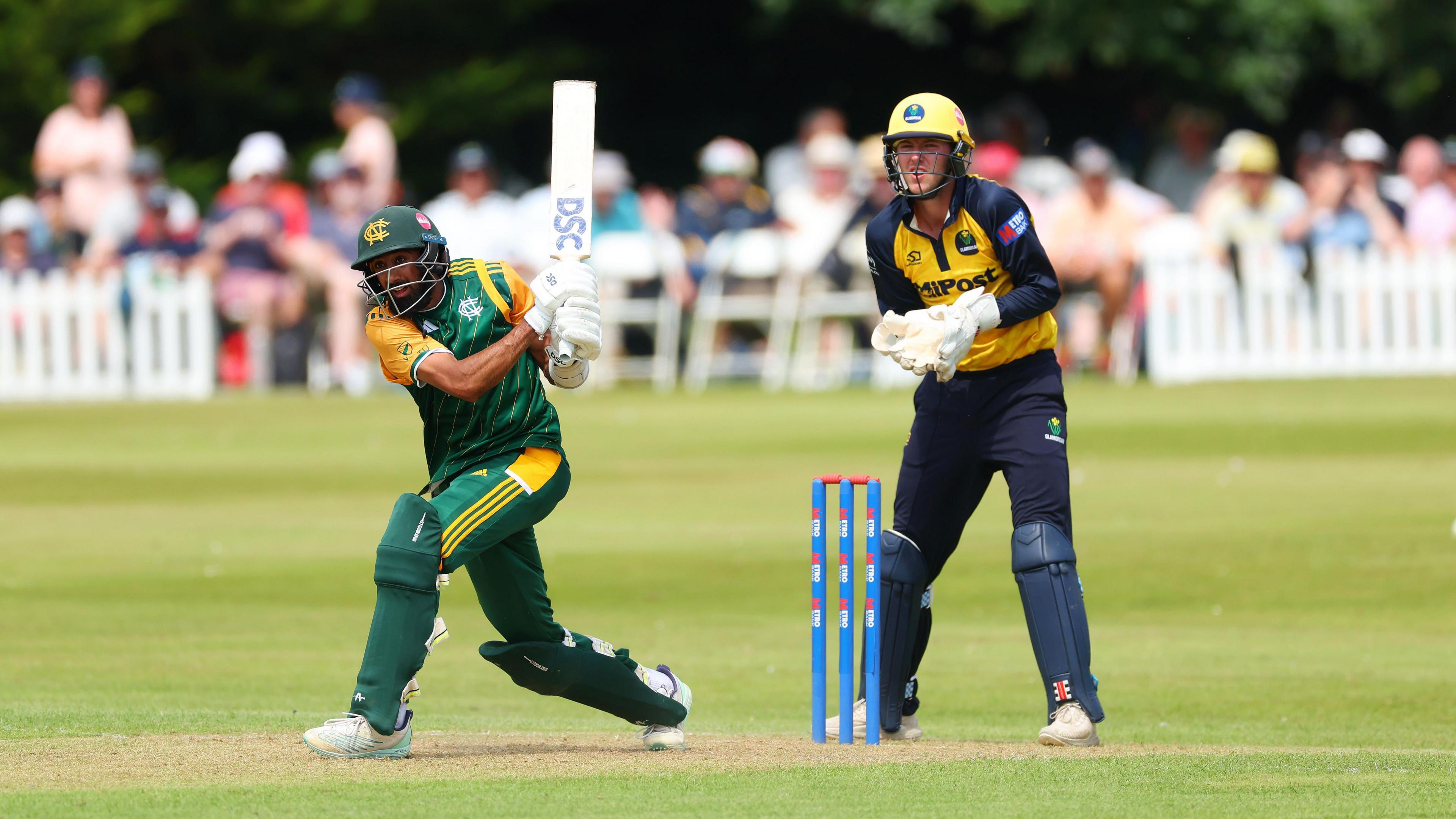 Notts skipper Haseeb Hameed plays an attacking legside shot at The Gnoll