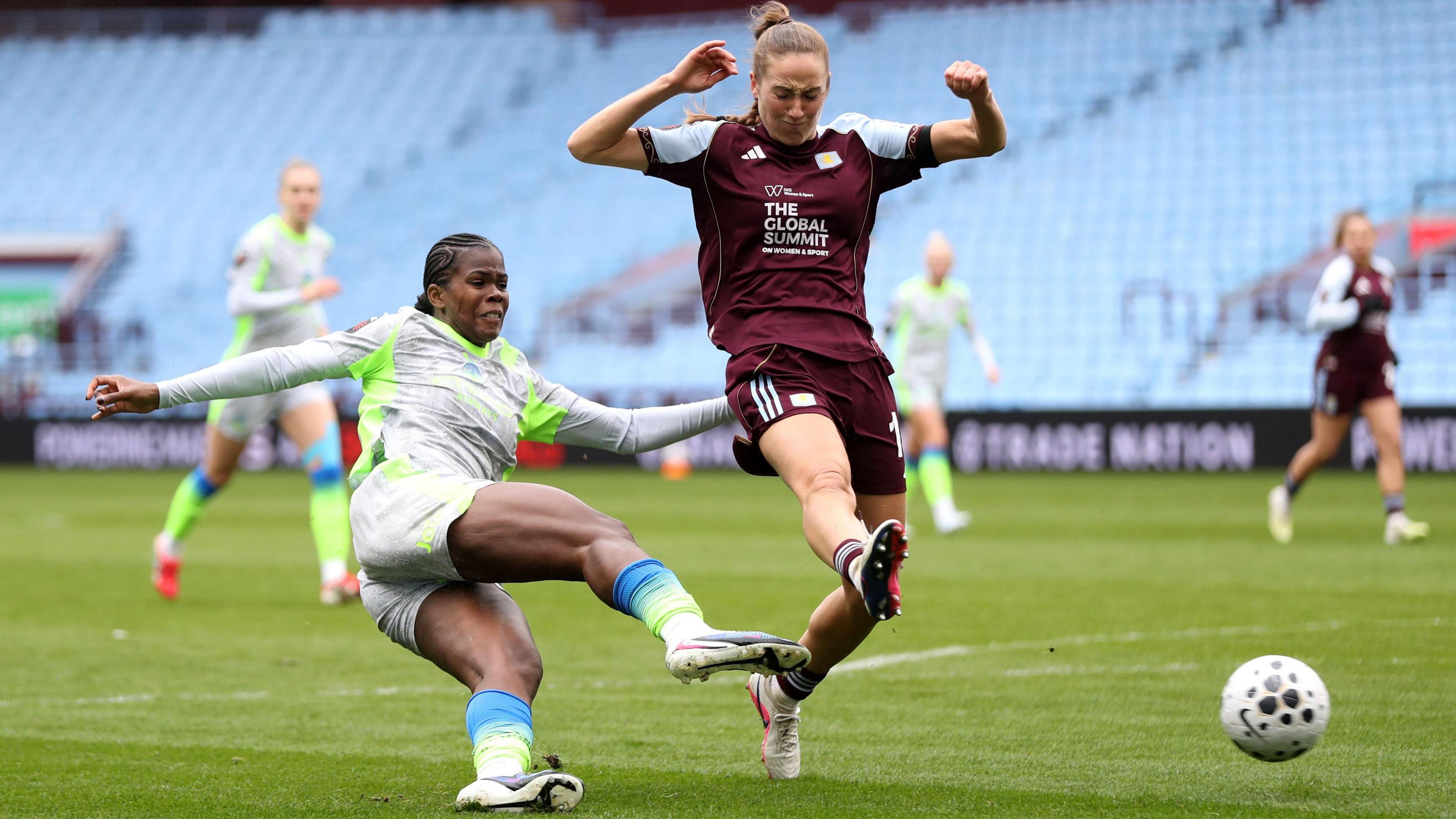 Manchester City's Khadija Shaw takes a shot against Aston Villa in the WSL