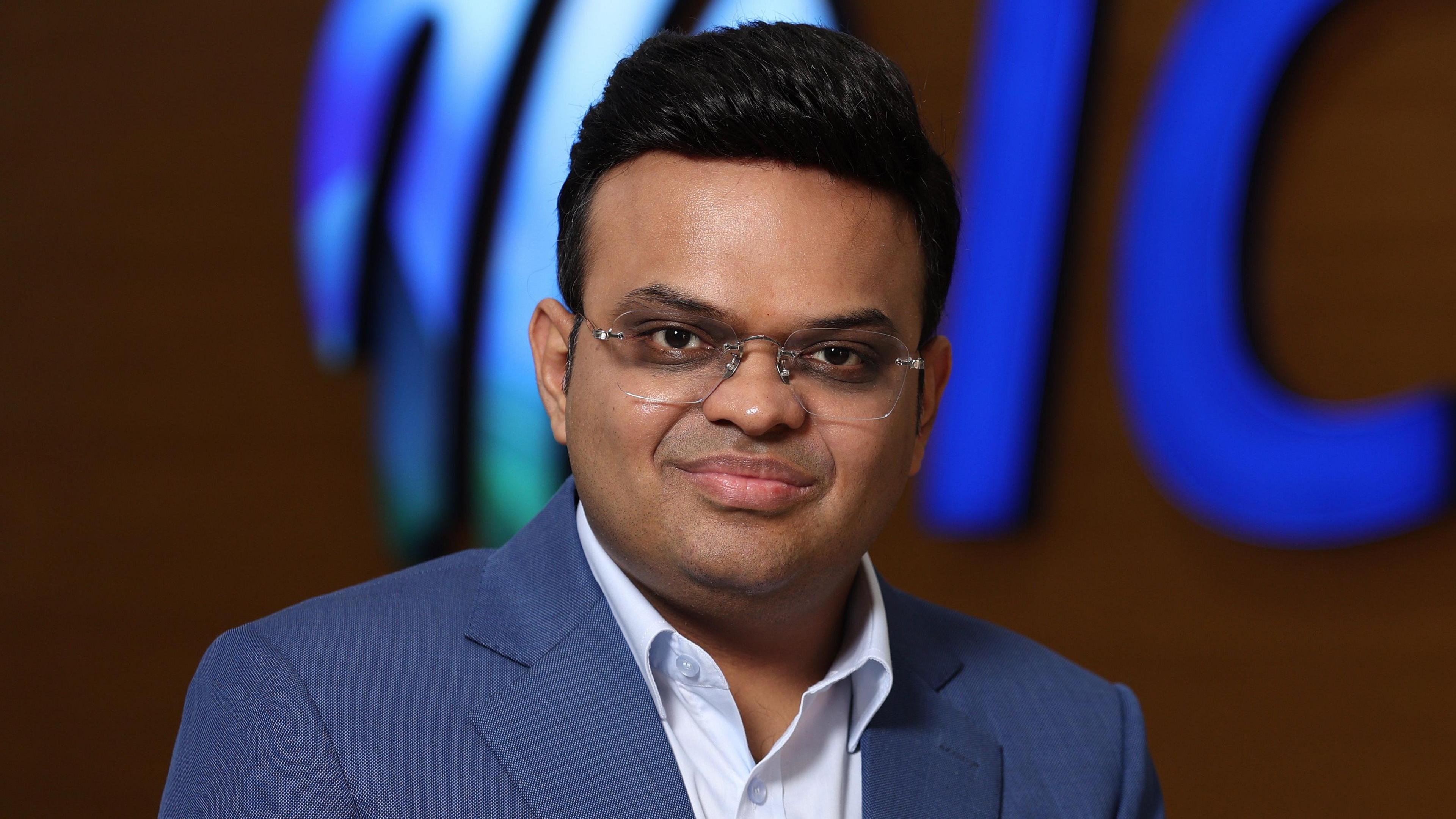 Jay Shah with an ICC logo behind him