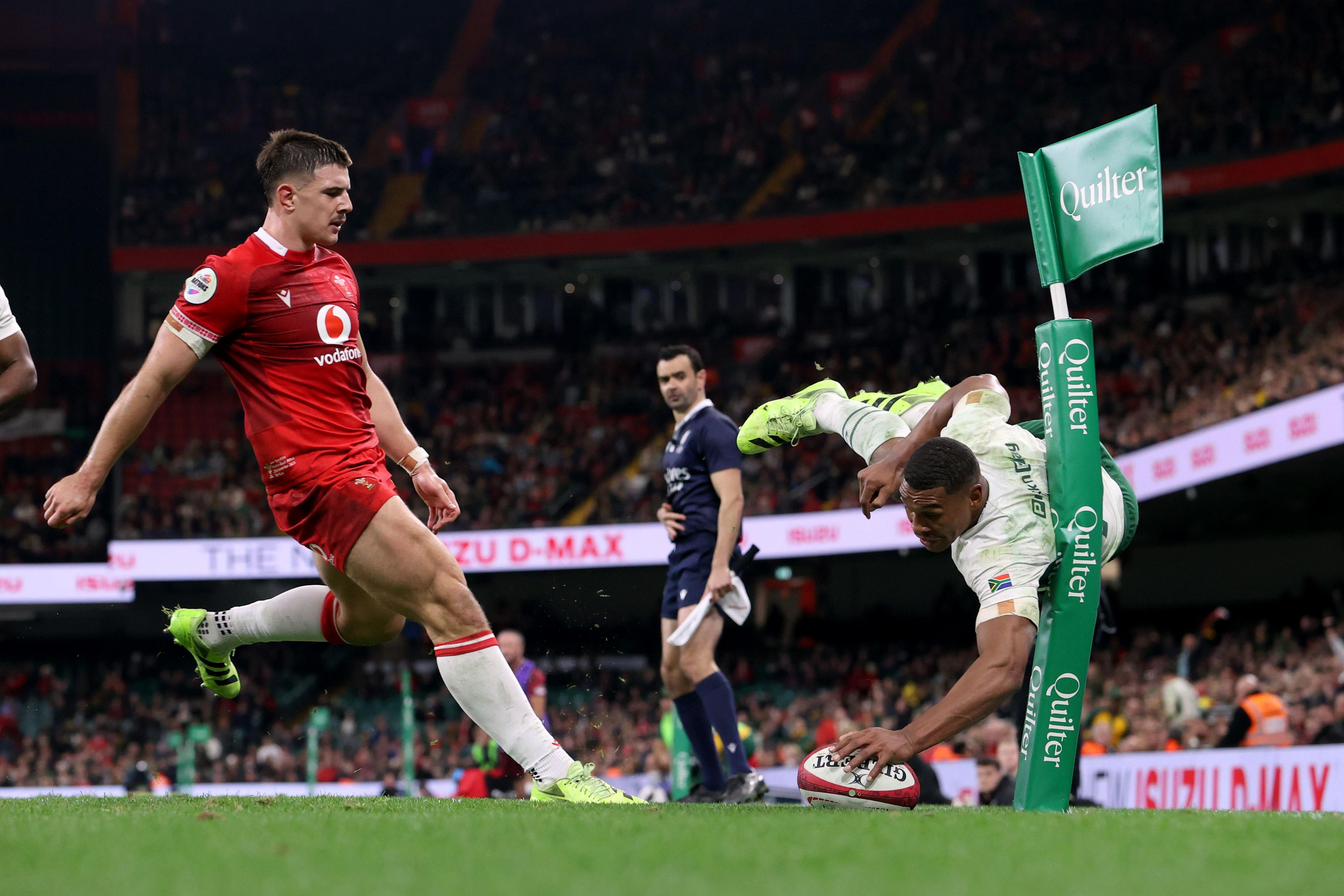 Damian Willemse de Sudáfrica anotó un try acrobático que posteriormente fue anulado en su partido contra Gales en el Principality Stadium de Cardiff.