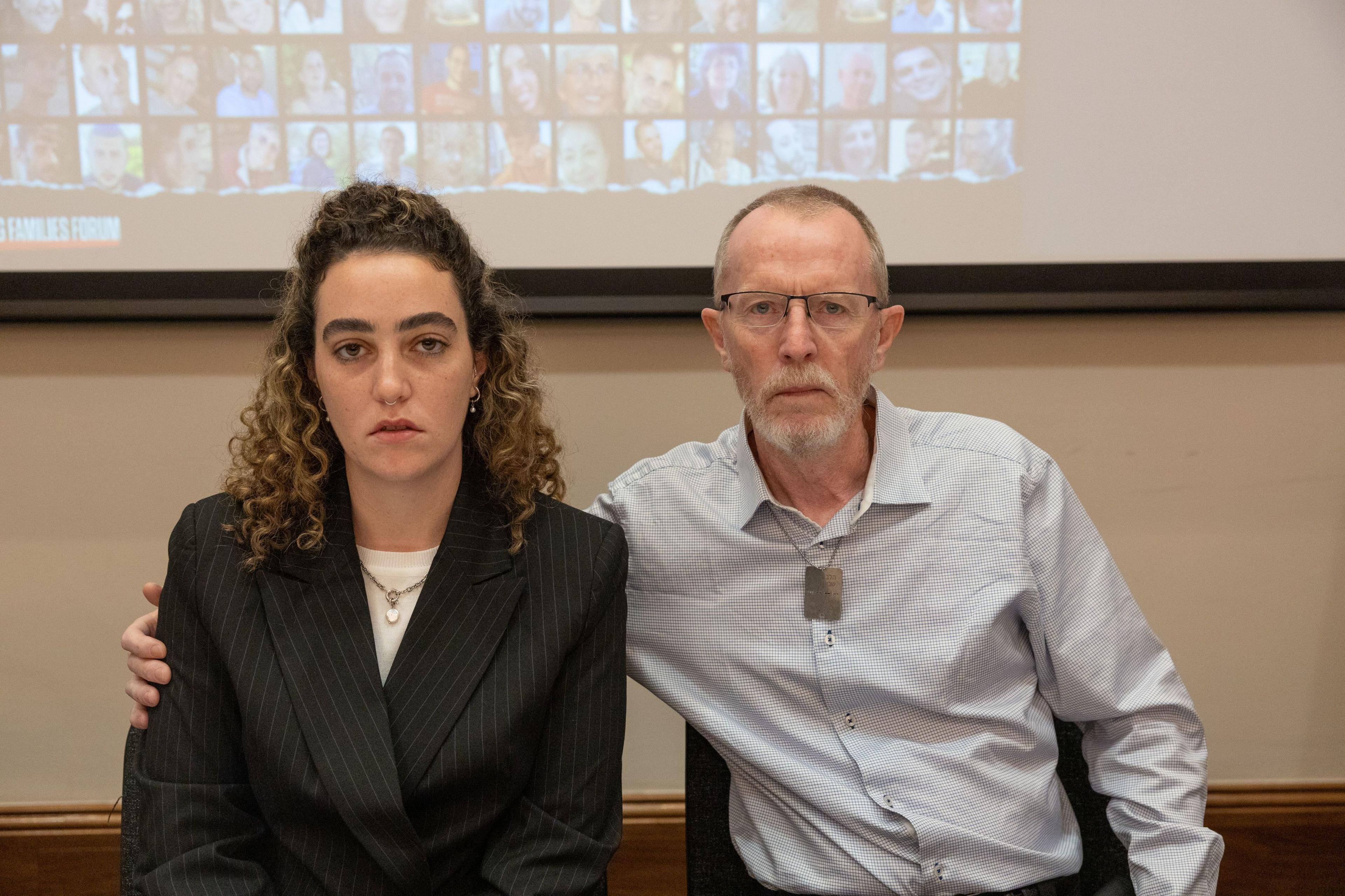 Thomas Hand and Natali Hand during a press conference for families of hostages feared taken in Gaza at the Embassy of Israel in Dublin.