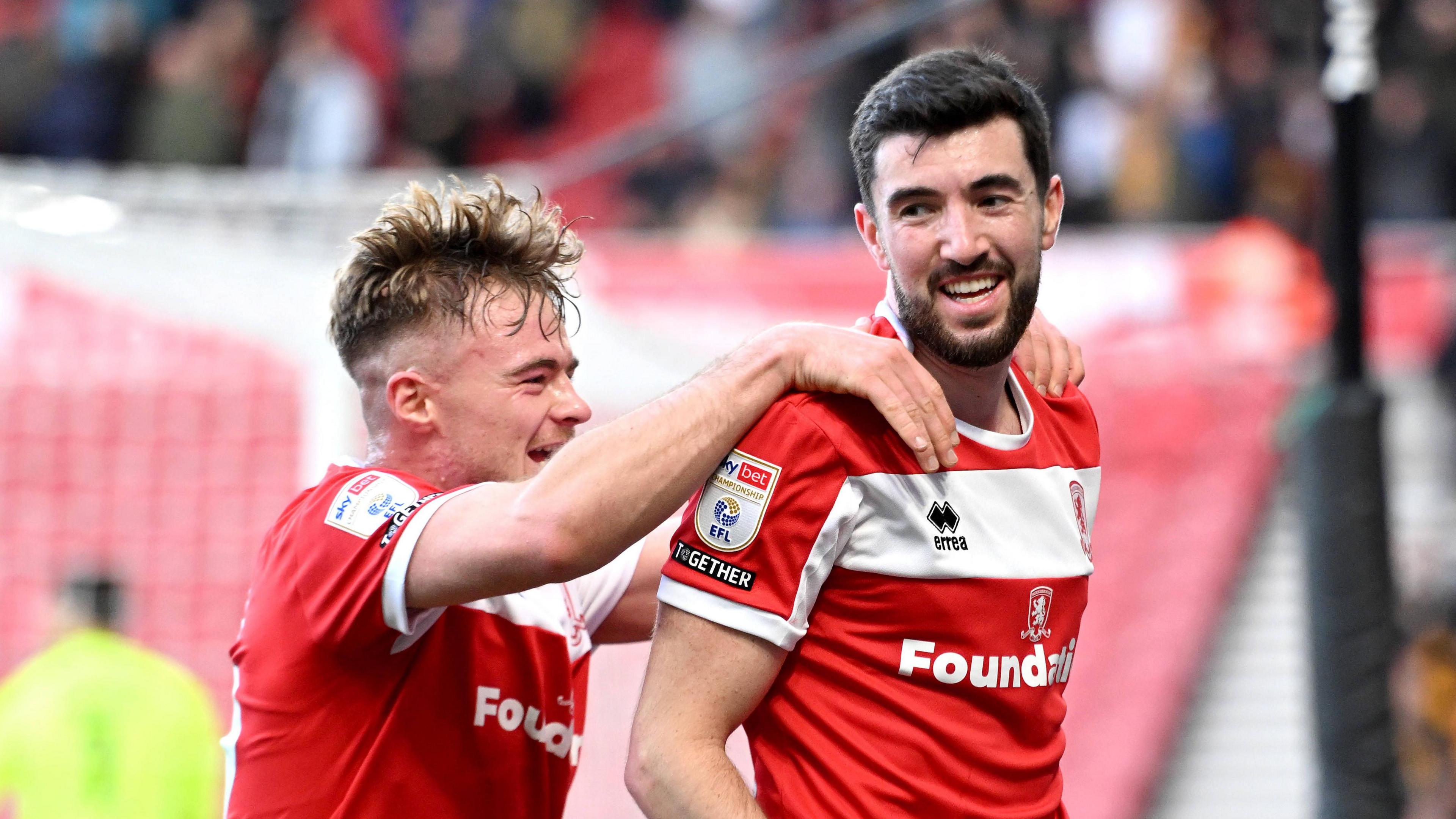 Ben Doak (left) congratulates Finn Azaz on scoring Middlesbrough's opening goal against Hull City