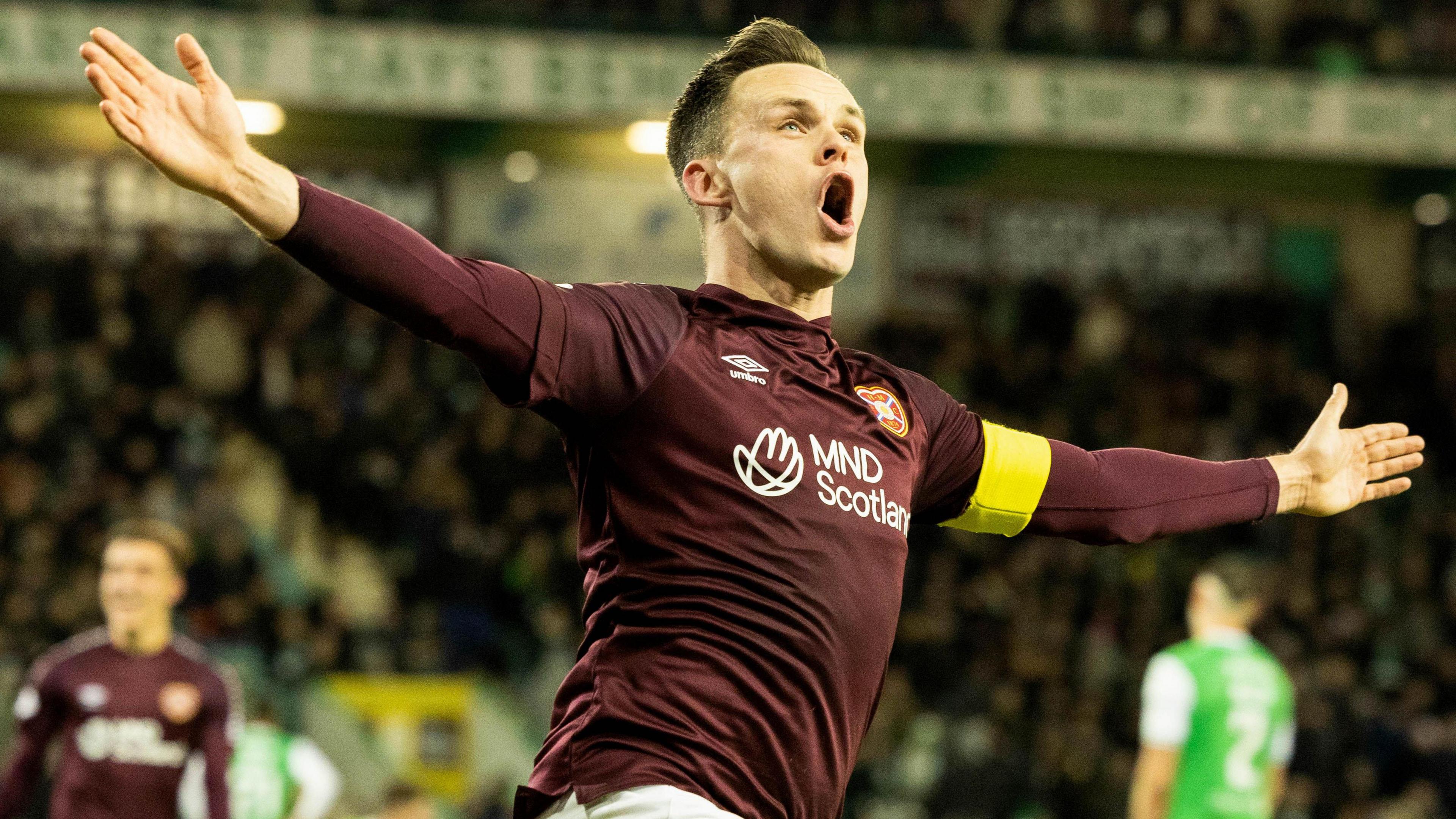 Lawrence Shankland celebrates scoring the winning goal against Hibernian in December 2023