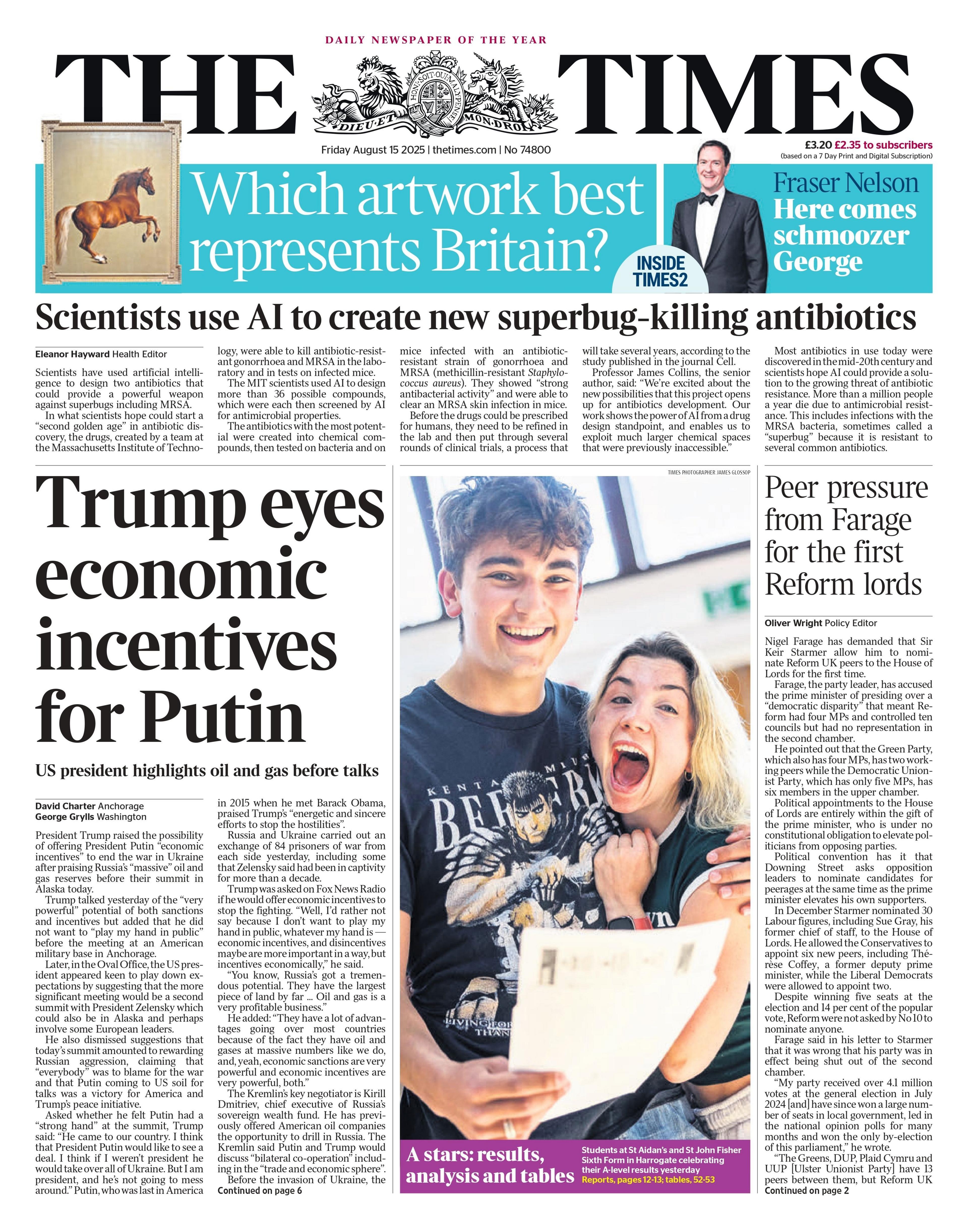 The headline on the front page of the Times reads: "Trump eyes economic incentives for Putin".
