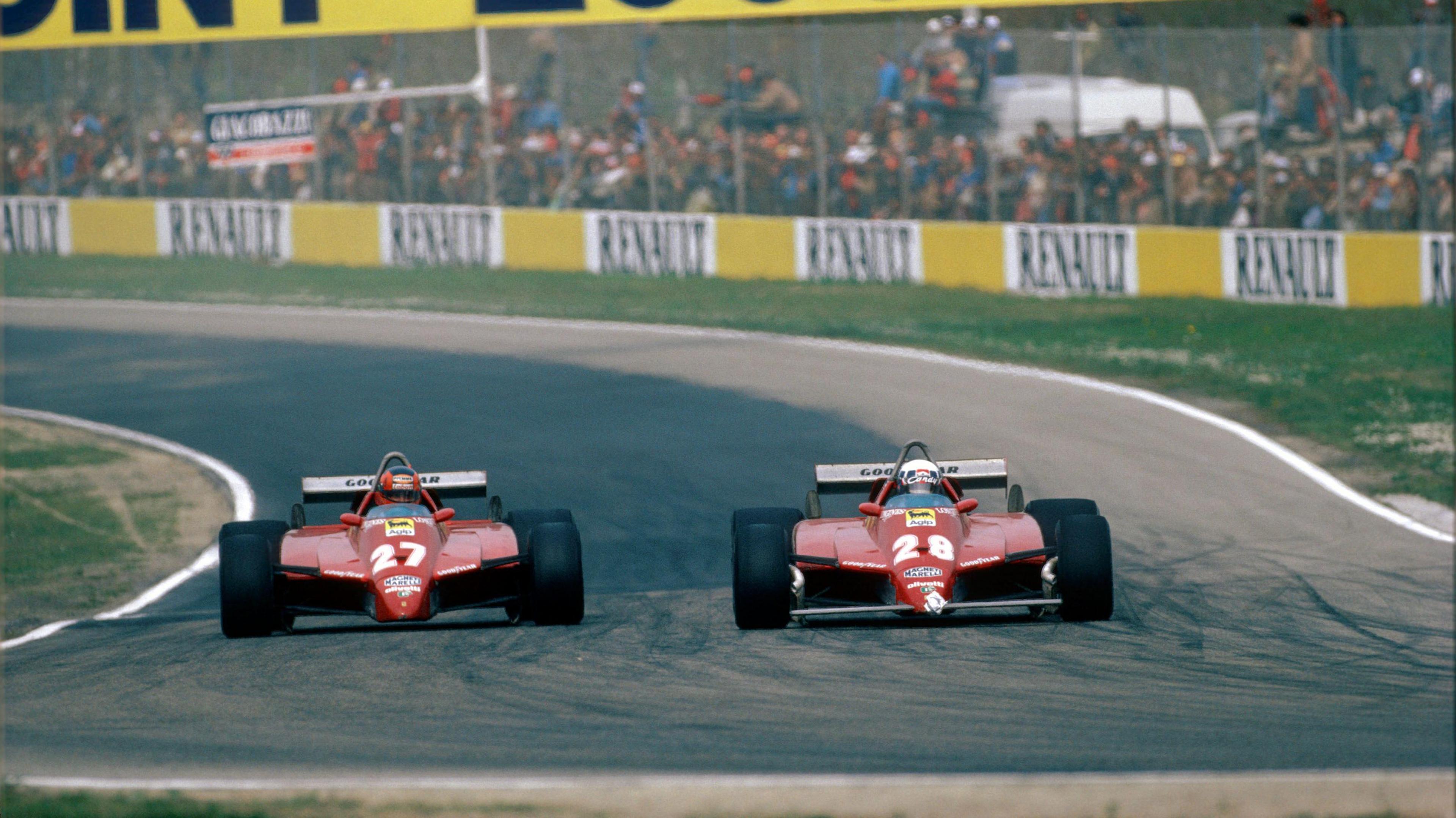 Didier Pironi passes Gilles Villeneuve during the 1982 San Marino Grand Prix