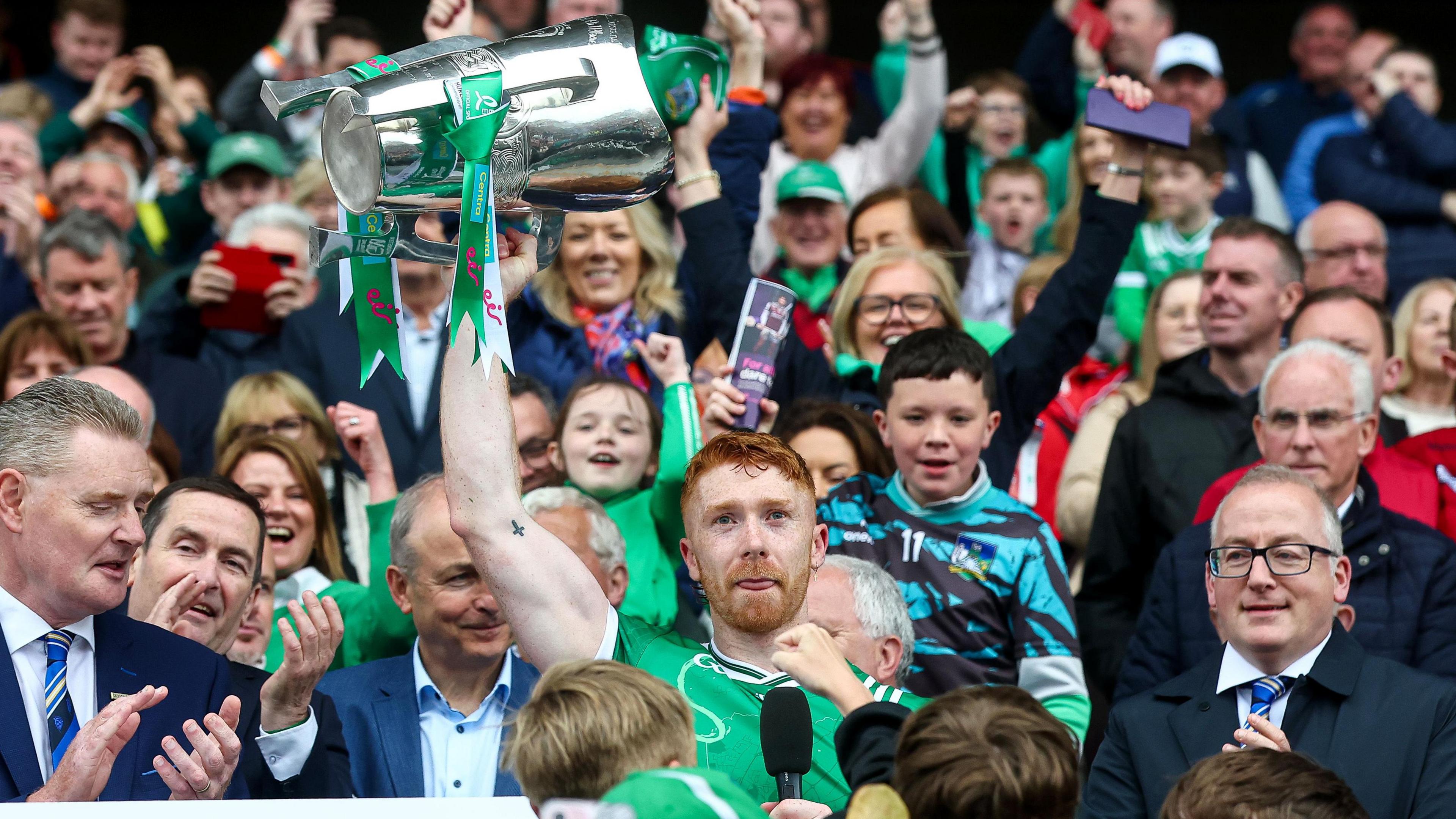 Limerick captain Cian Lynch lifts the Mick Mackey Cup