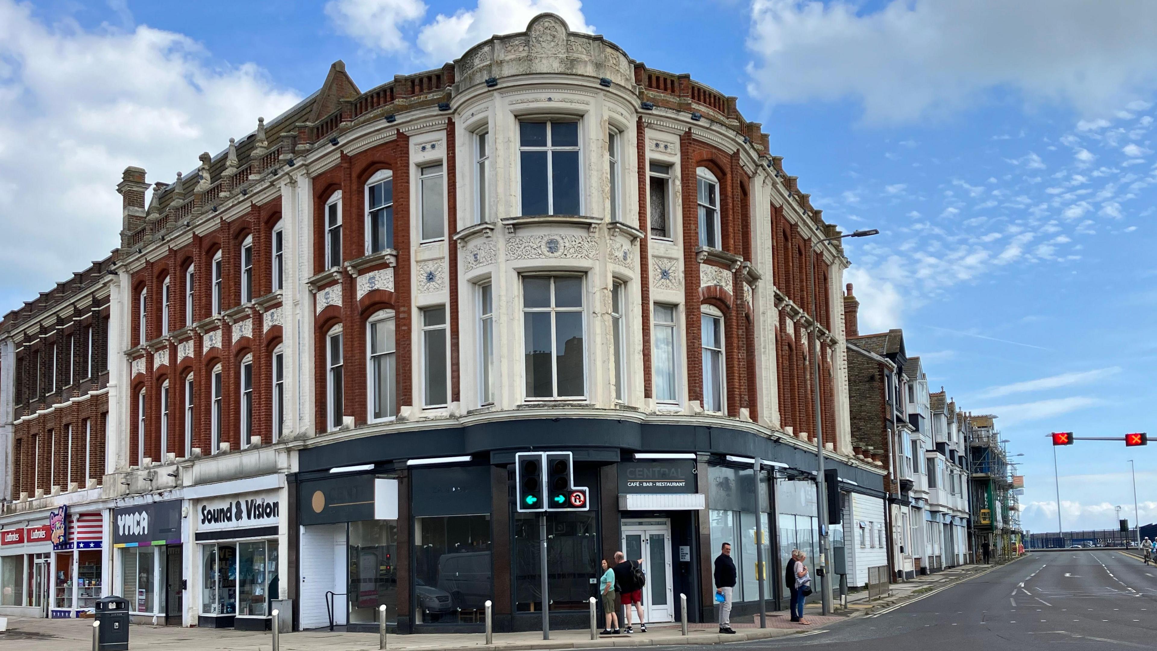 The red and white brick facade of the old Tuttles department store in Lowestoft