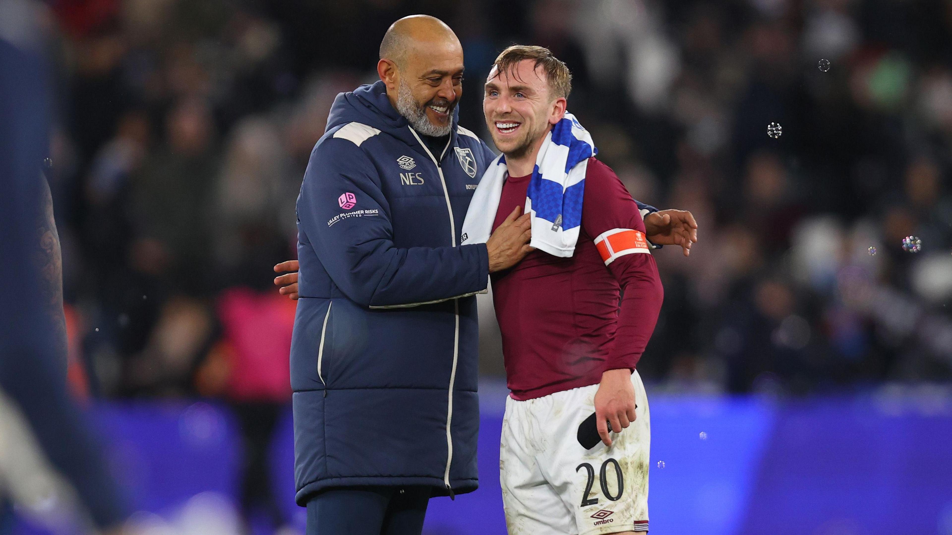 West Ham United boss Nuno Espirito Santo (left) embraces forward Jarrod Bowen after their win over Queens Park Rangers in the FA Cup in January