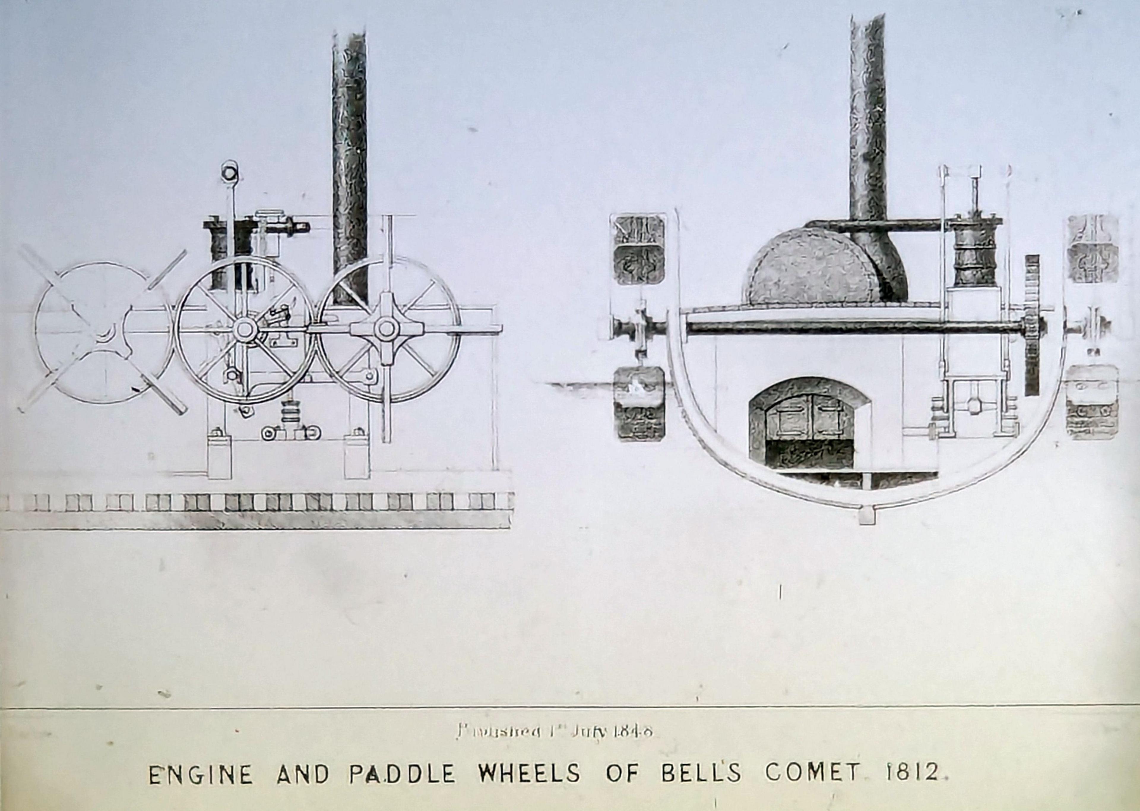 Old drawings of a steam engine and mechanical details for the 1812 Comet