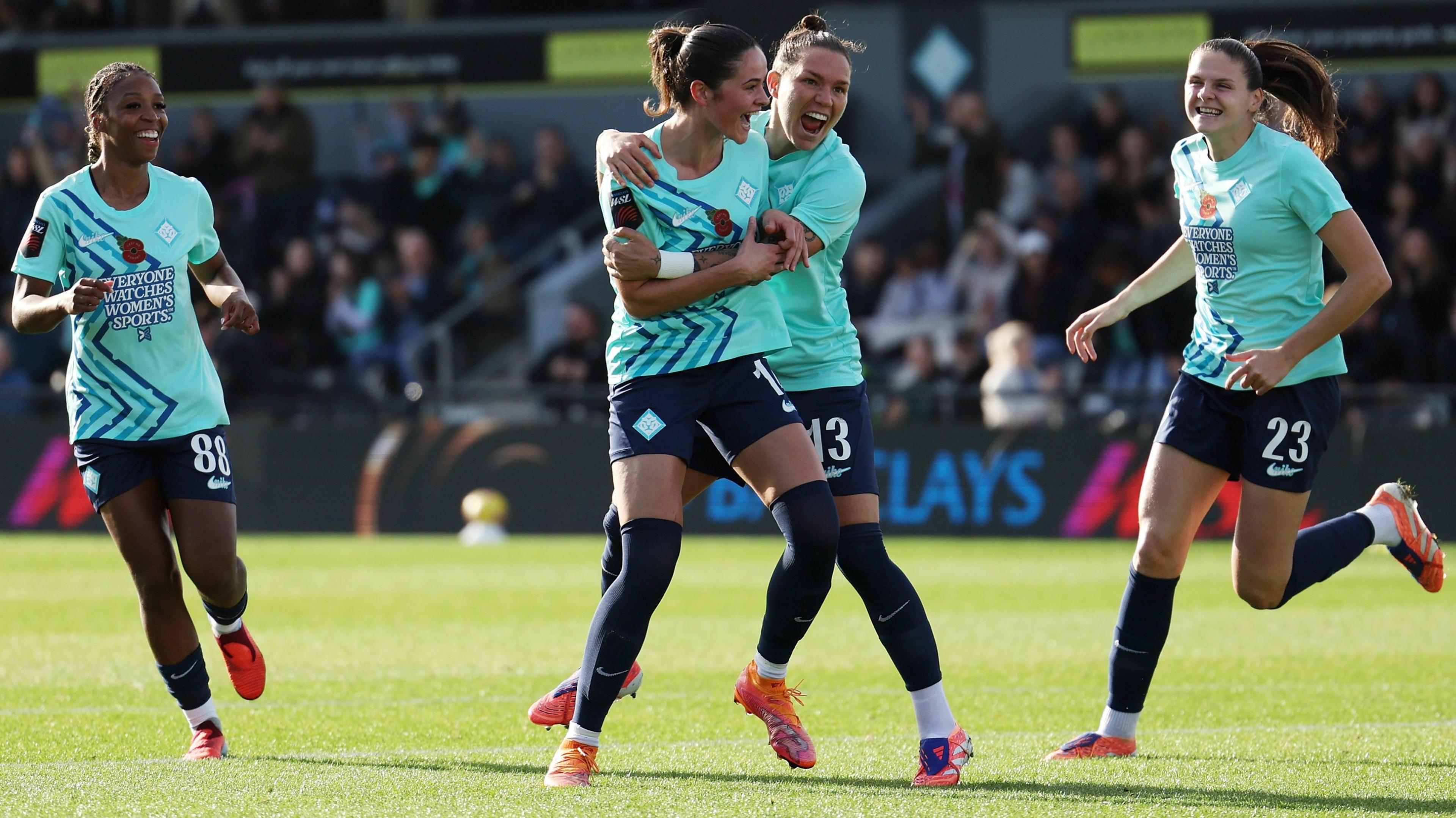 Freya Godfrey of London City Lionesses celebrates with team-mate Elena Linari after scoring her team's first goal