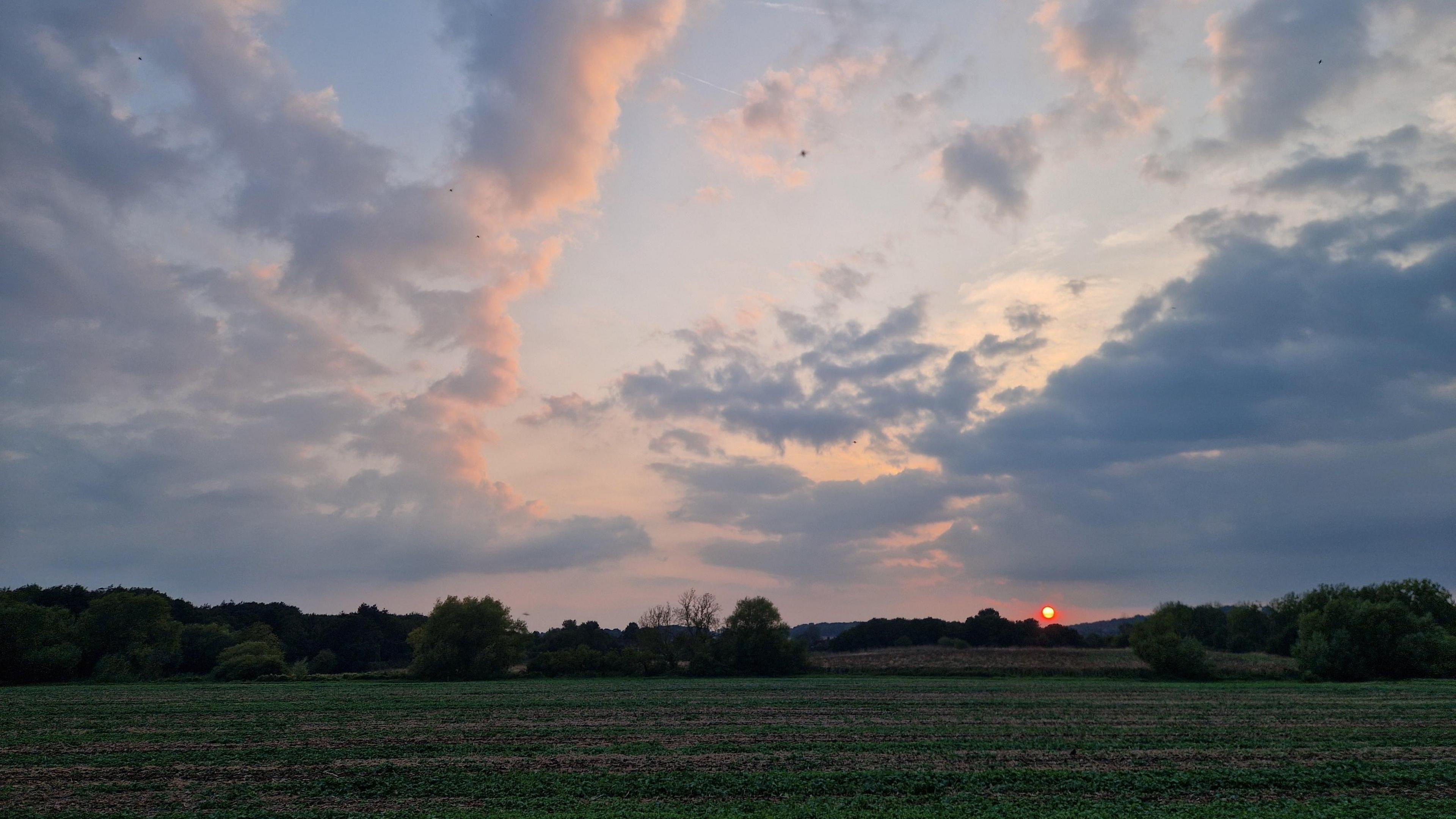 The green field in the foreground looks a dark shade under dark clouds and a low orange sun sitting just above the horizon